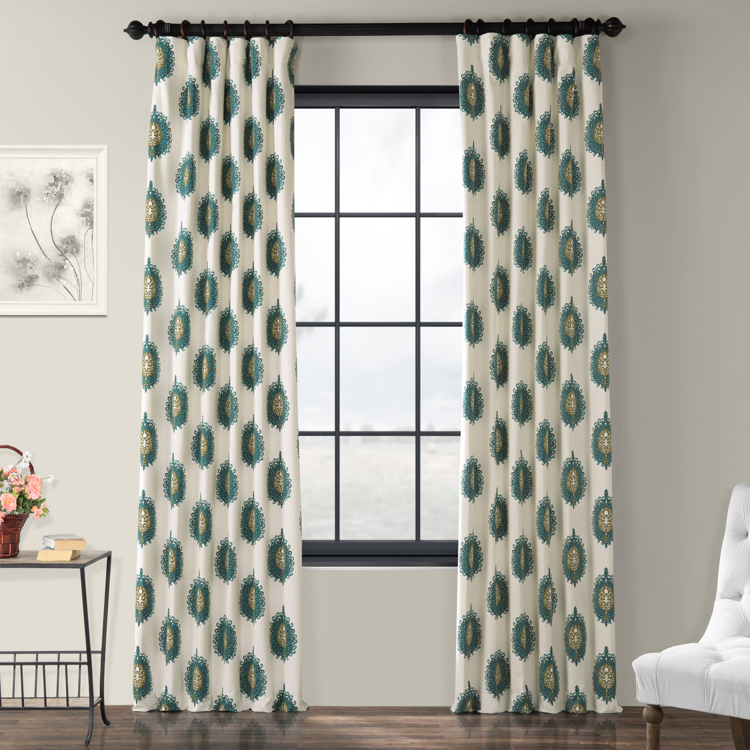 Mayan Teal Printed Cotton Curtain