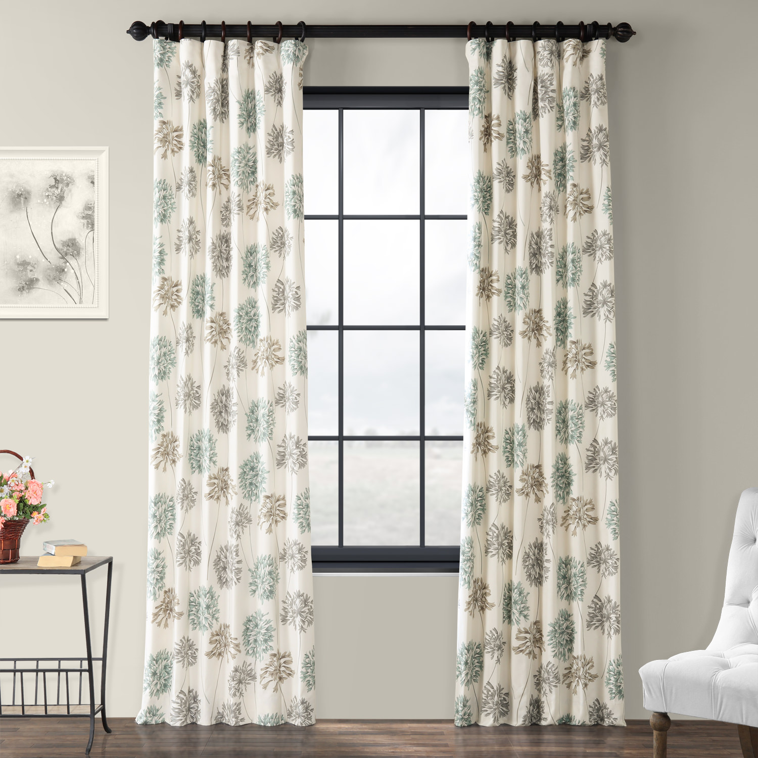 Allium Blue Gray Printed Cotton Curtain