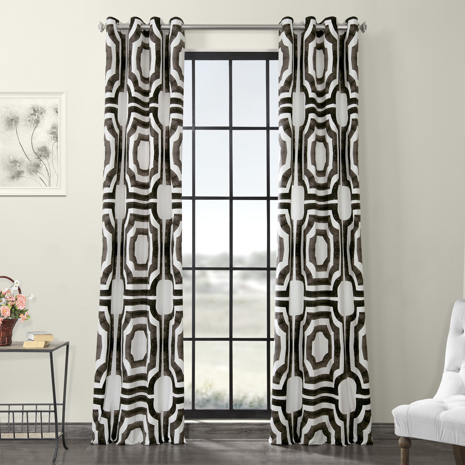 Mecca Brown Grommet Printed Cotton Curtain