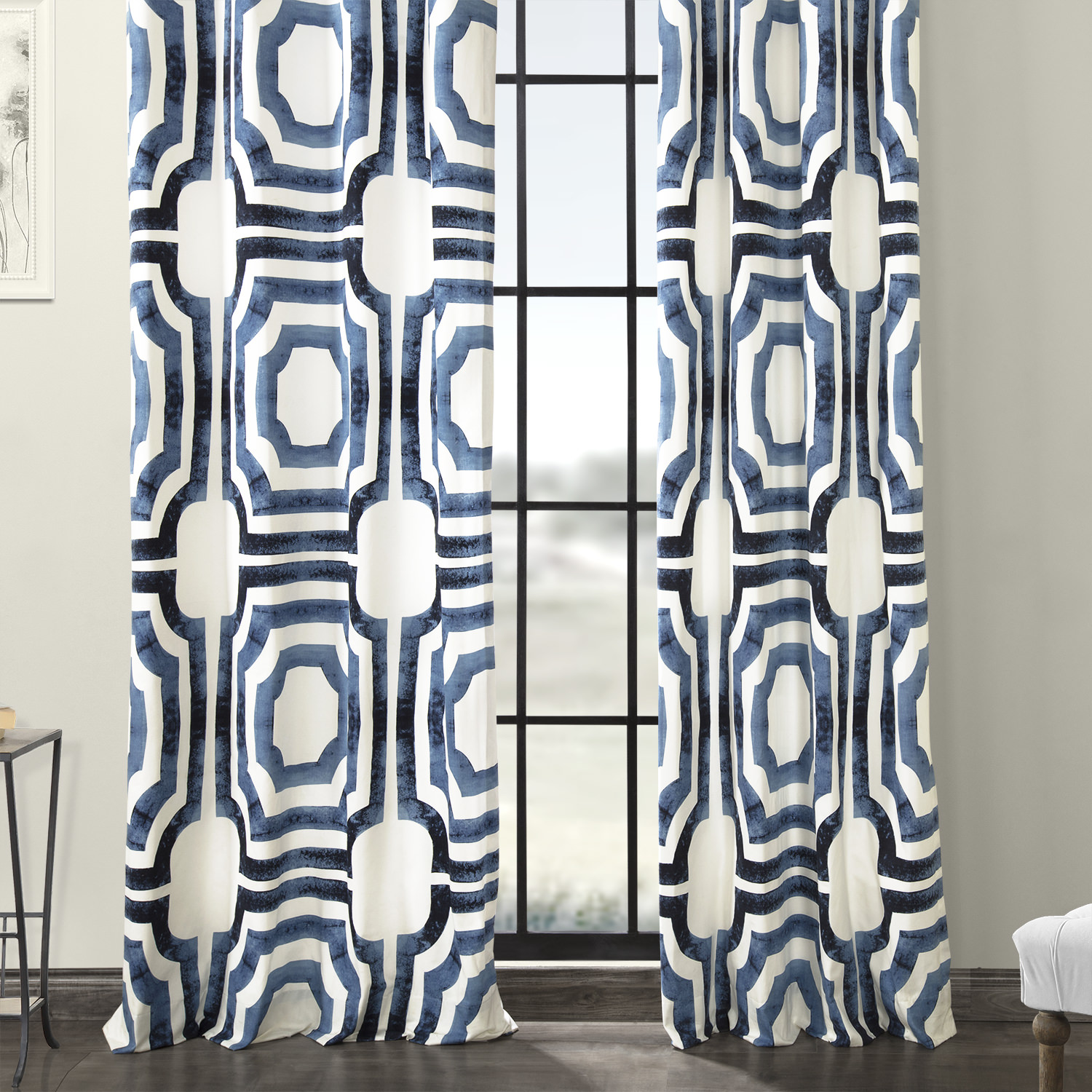 Mecca Blue Grommet Printed Cotton Curtain