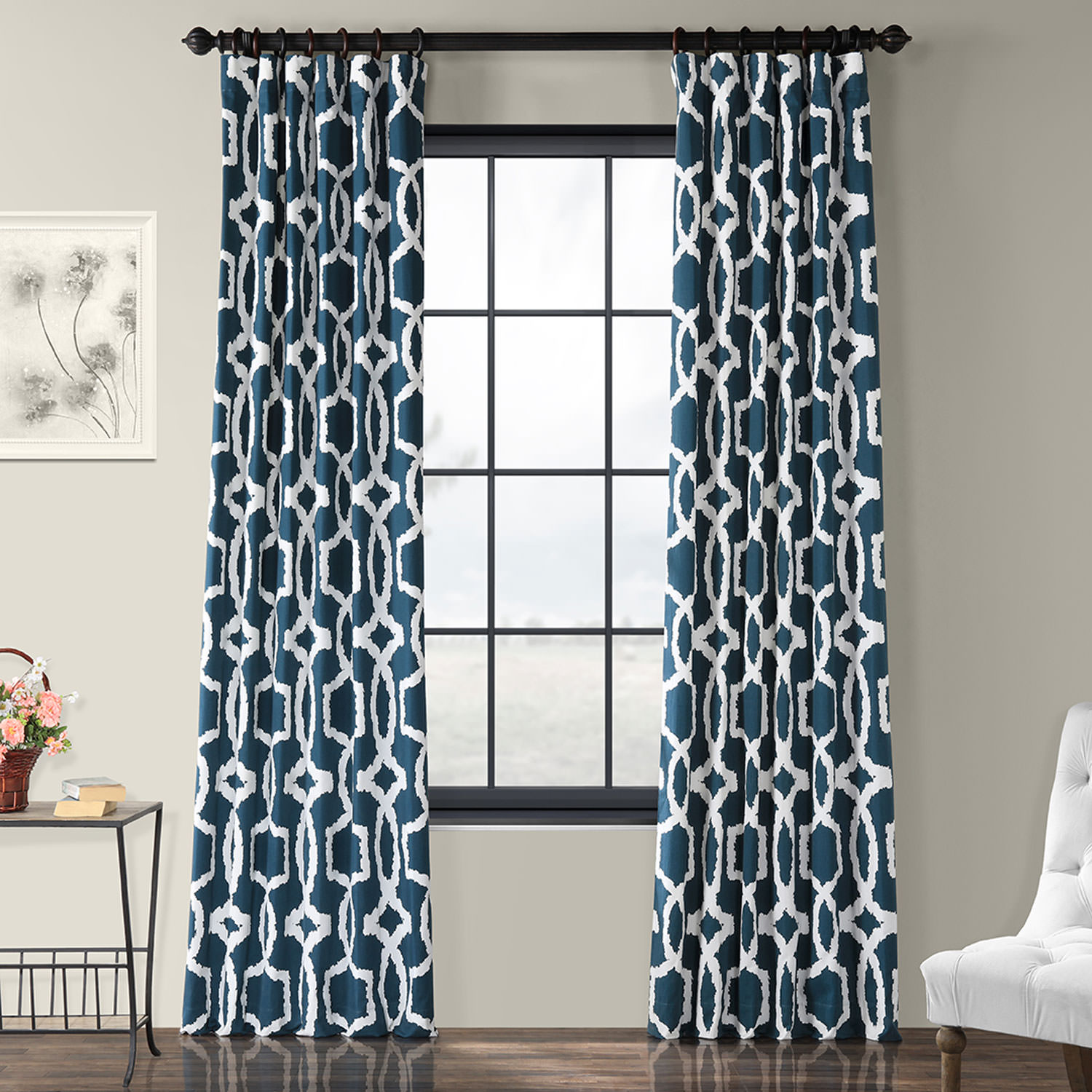 Lyons Blue Printed Cotton Twill Curtain