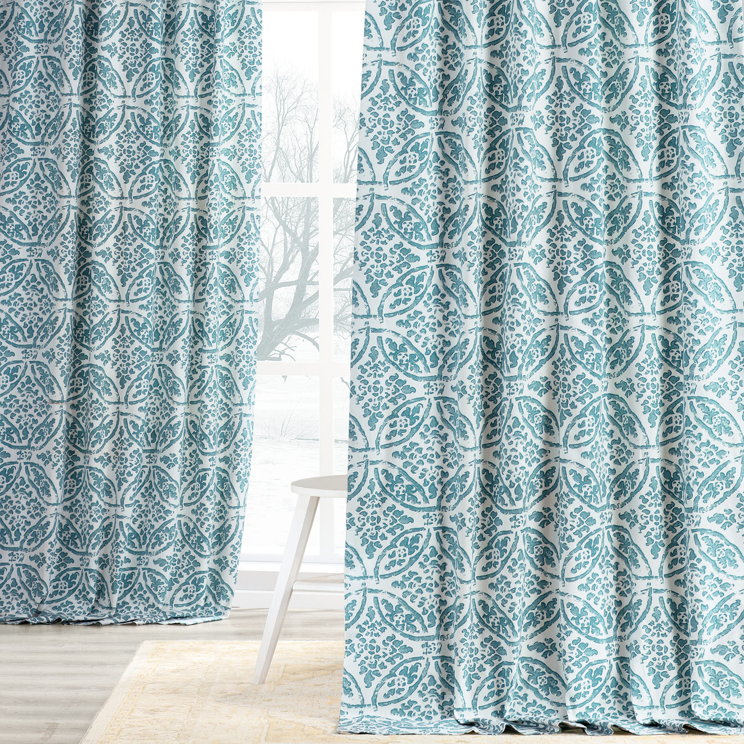 Catalina Aqua Printed Cotton Twill Curtain