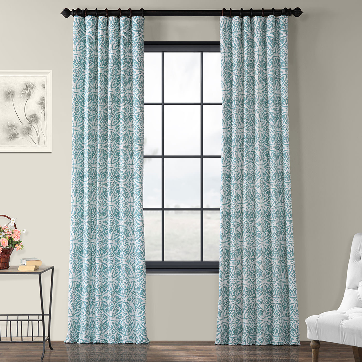 Catalina Aqua Printed Cotton Twill Curtain