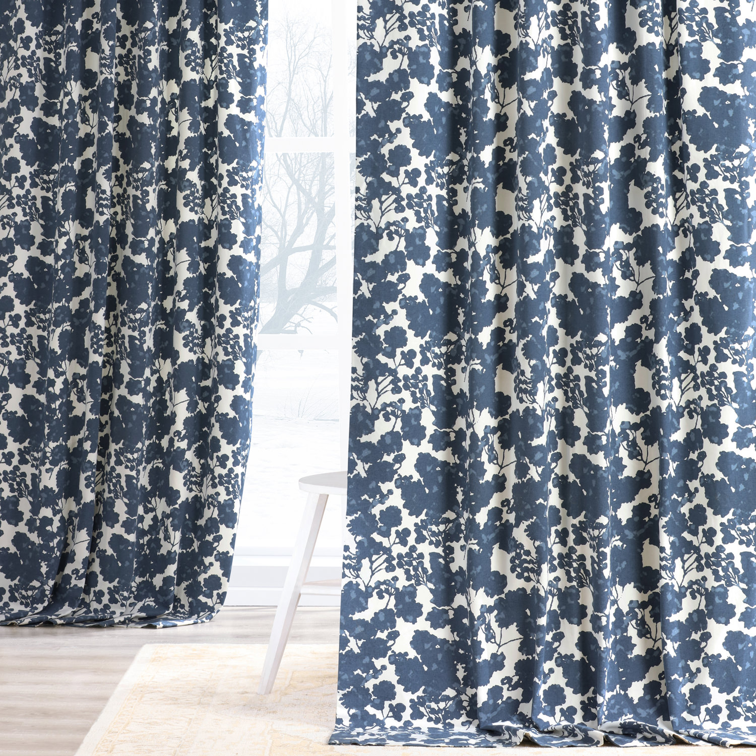 Fleur Blue Printed Cotton Twill Curtain