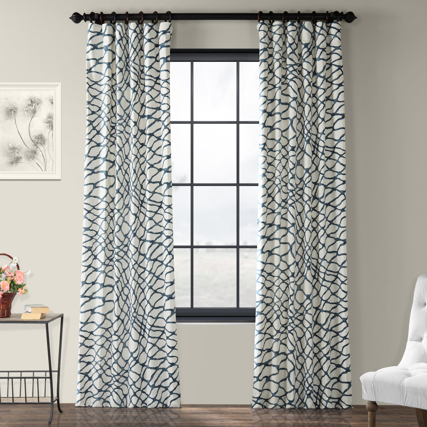 Ellis Blue Printed Cotton Twill Curtain