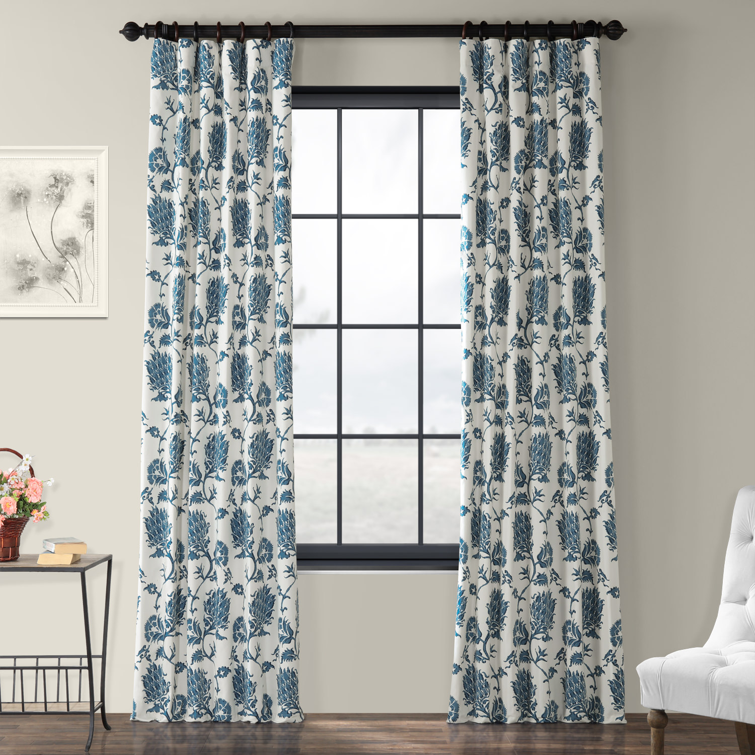 Duchess Blue Printed Cotton Twill Curtain