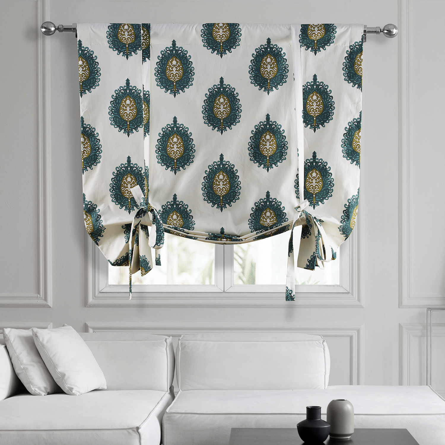 Mayan Teal Printed Cotton Tie-Up Window Shade