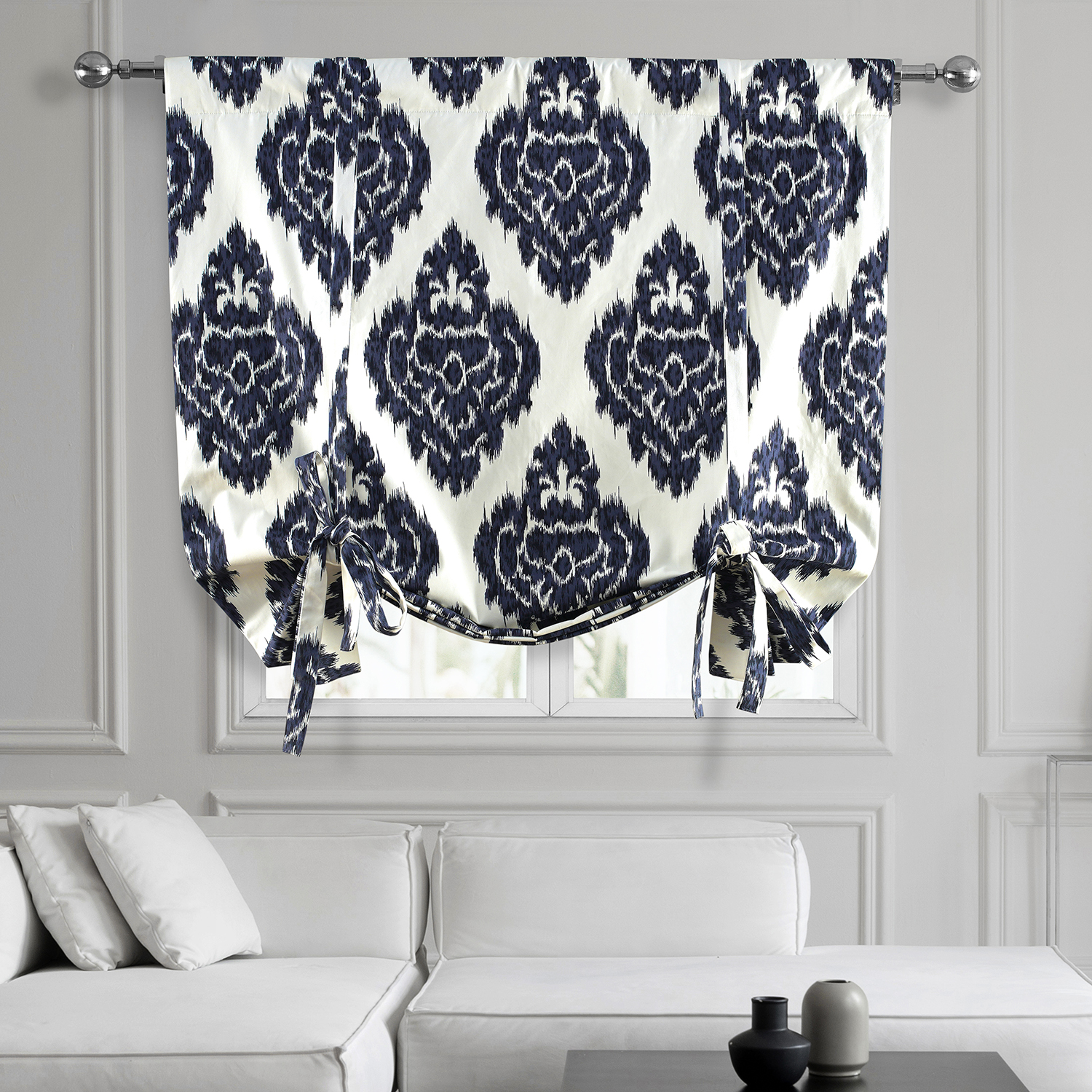 Ikat Blue Printed Cotton Tie-Up Window Shade