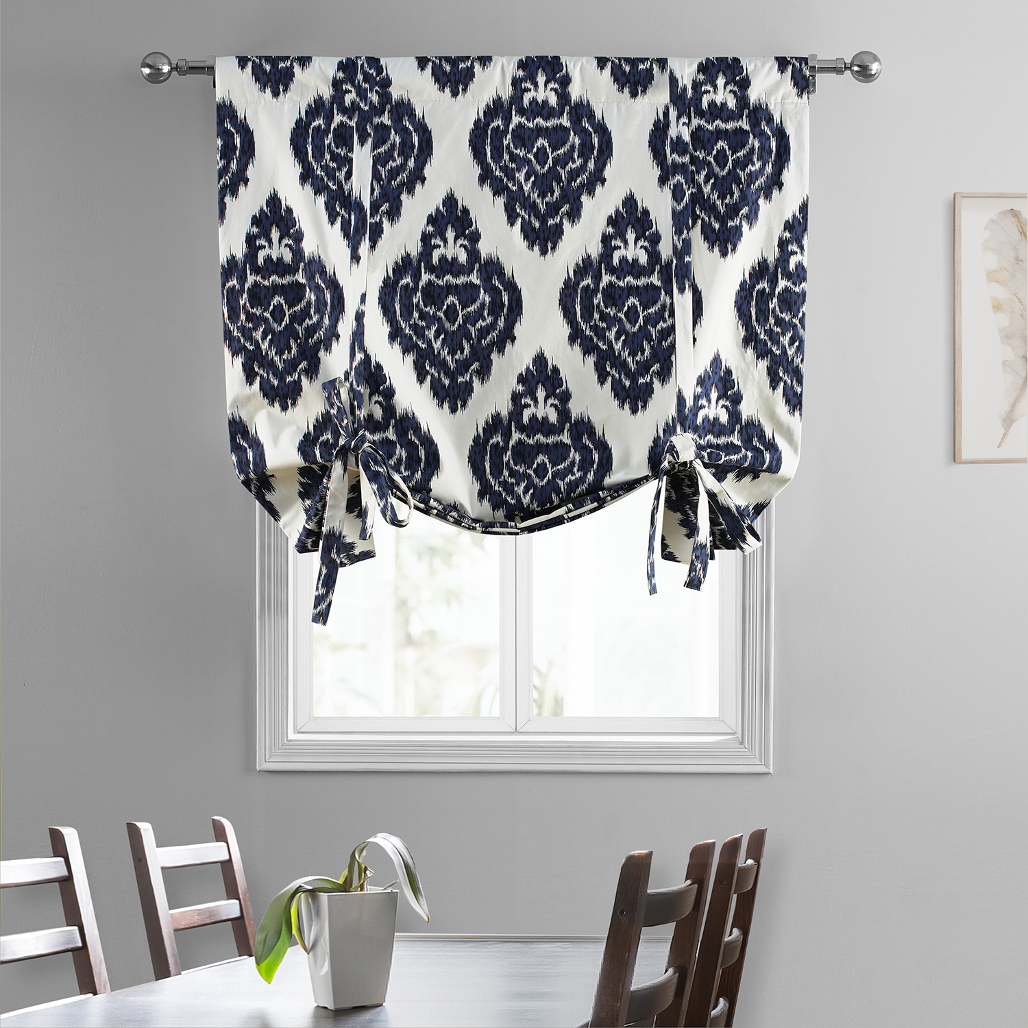 Ikat Blue Printed Cotton Tie-Up Window Shade