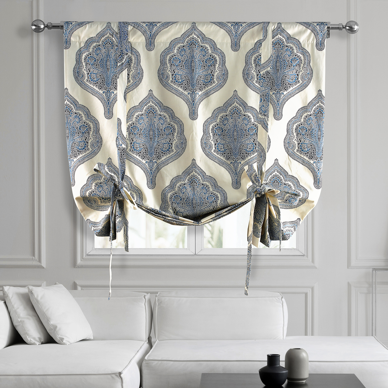 Arabesque Blue Printed Cotton Tie-Up Window Shade