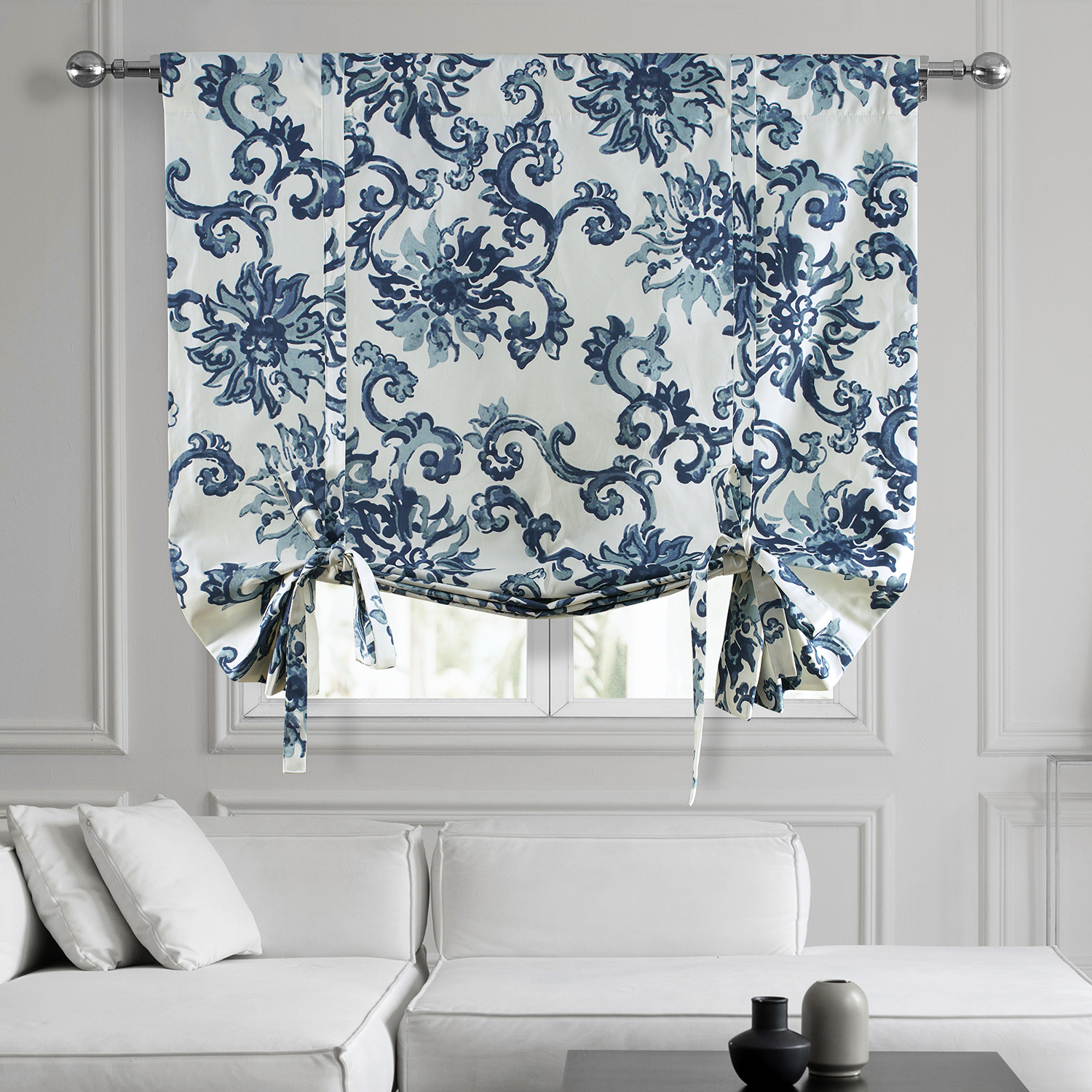 Indonesian Blue Printed Cotton Tie-Up Window Shade