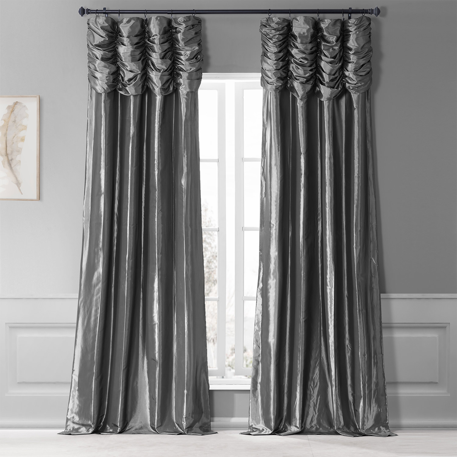 Graphite Ruched Faux Solid Taffeta Curtain