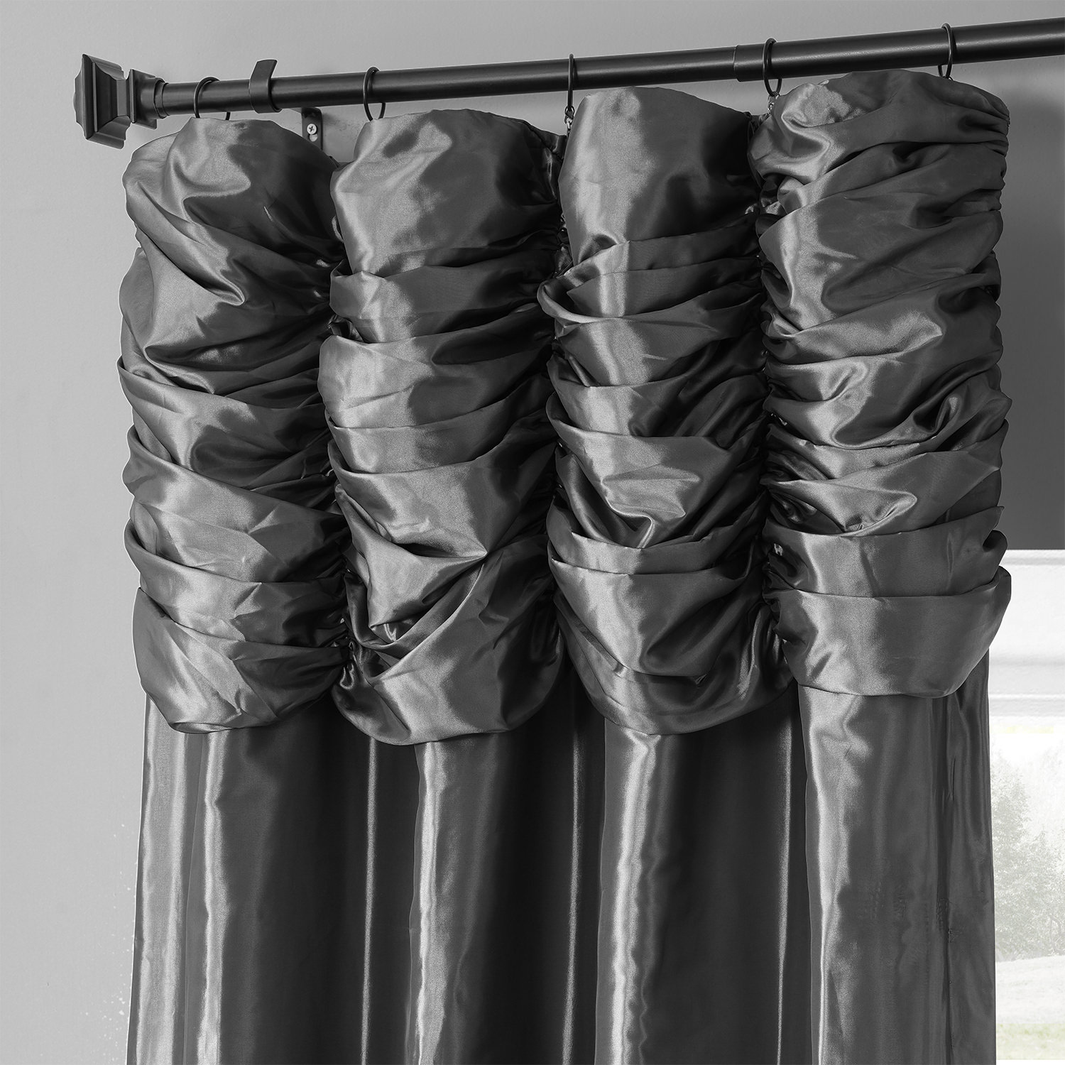 Graphite Ruched Faux Solid Taffeta Curtain