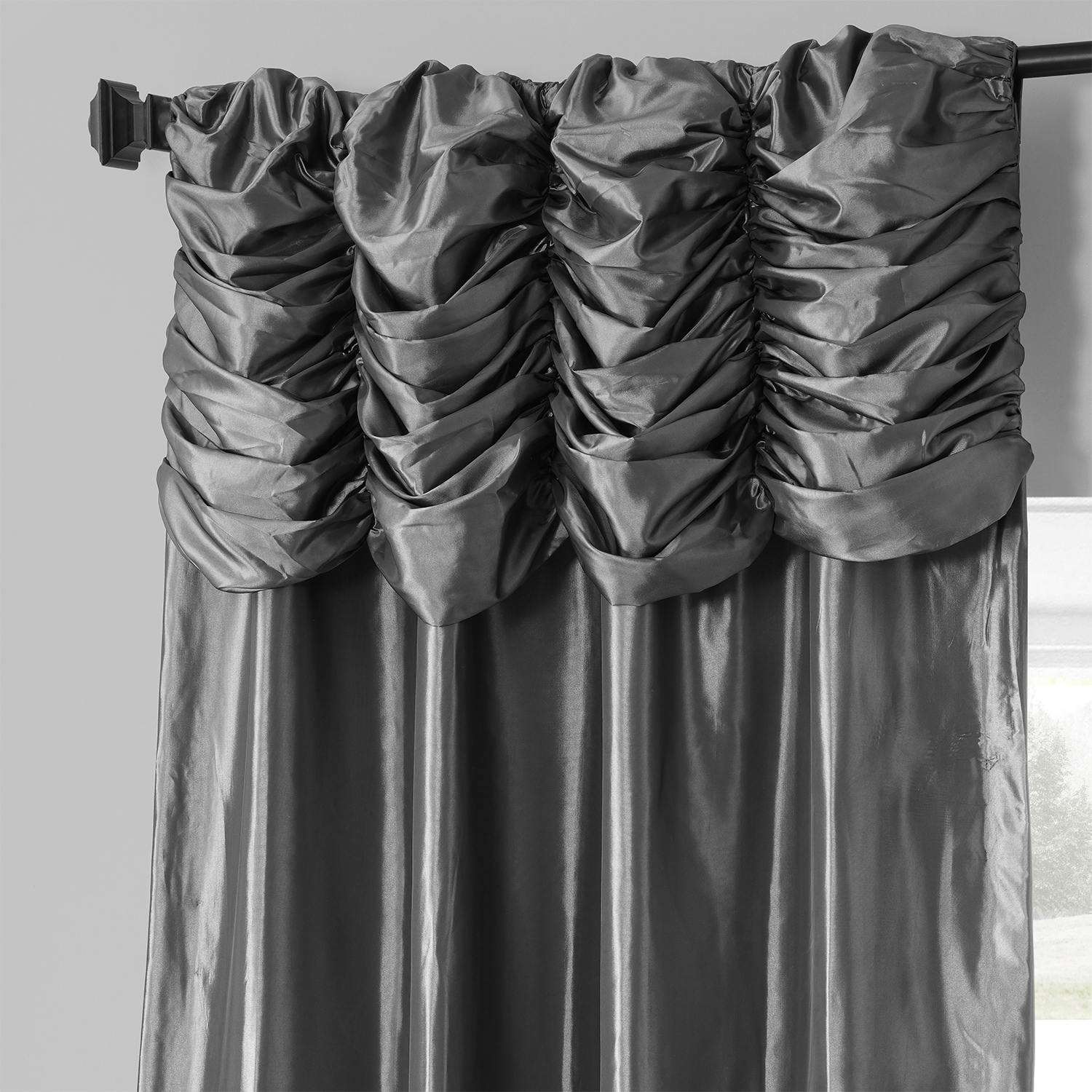 Graphite Ruched Faux Solid Taffeta Curtain