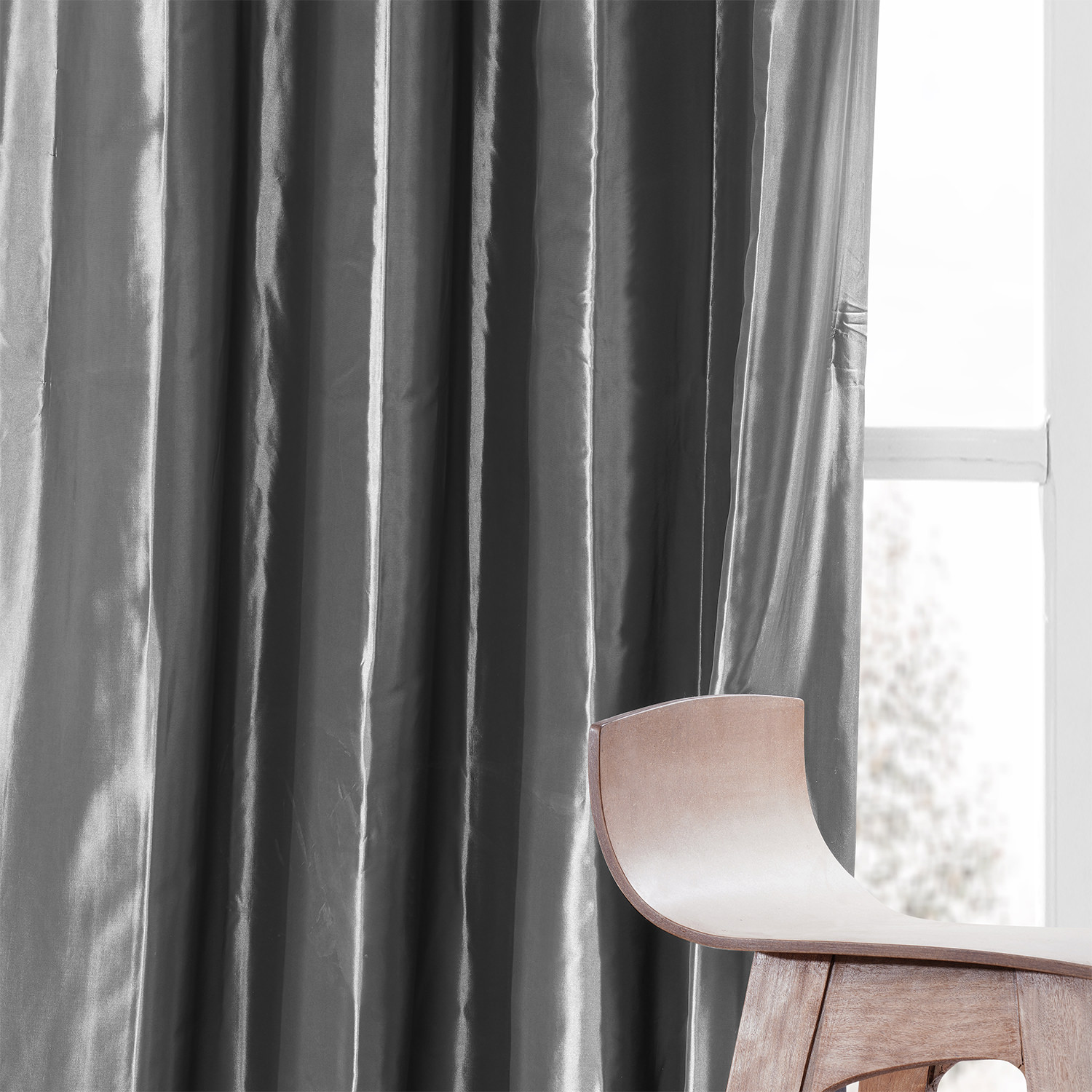 Graphite Ruched Faux Solid Taffeta Curtain