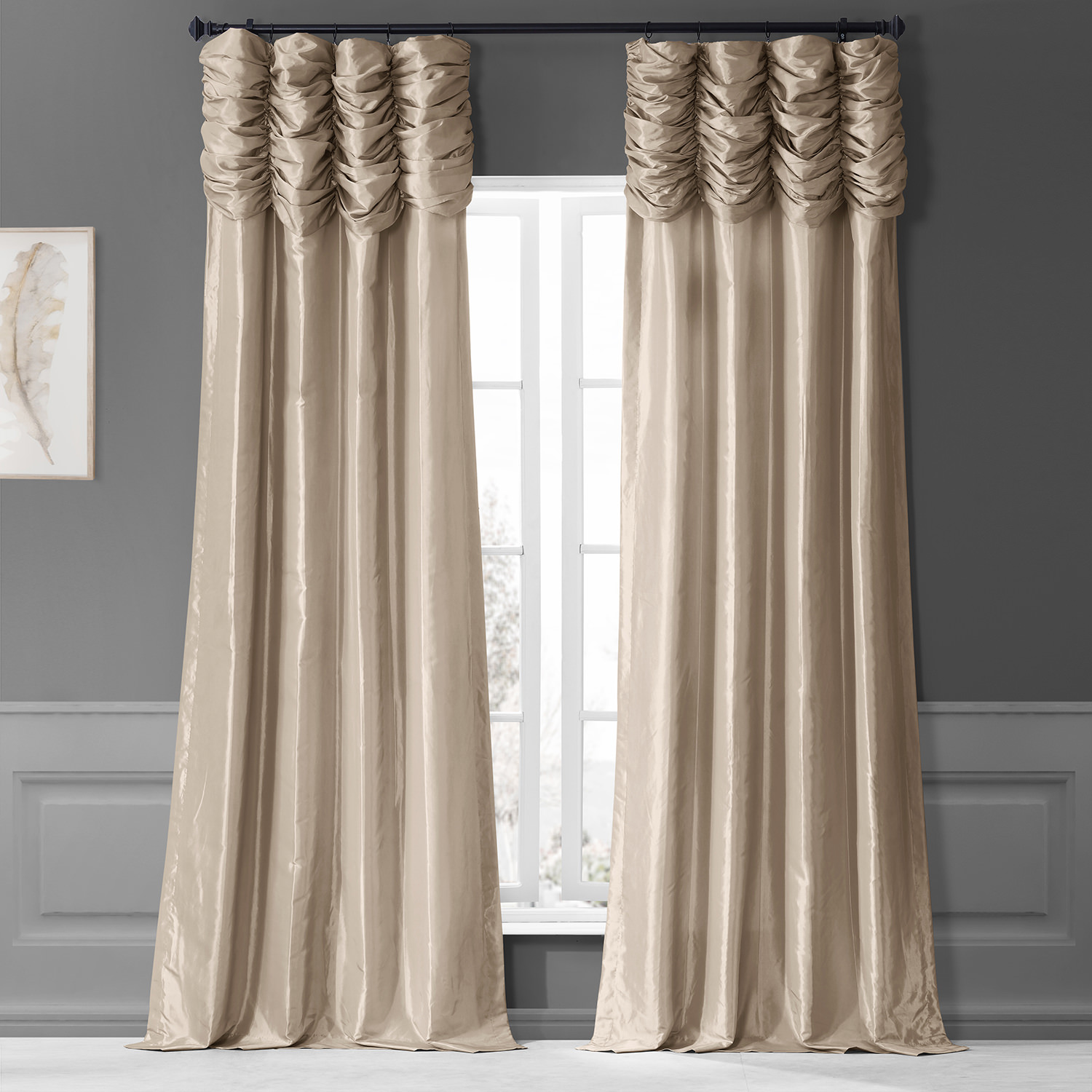 Antique Beige Ruched Faux Solid Taffeta Curtain