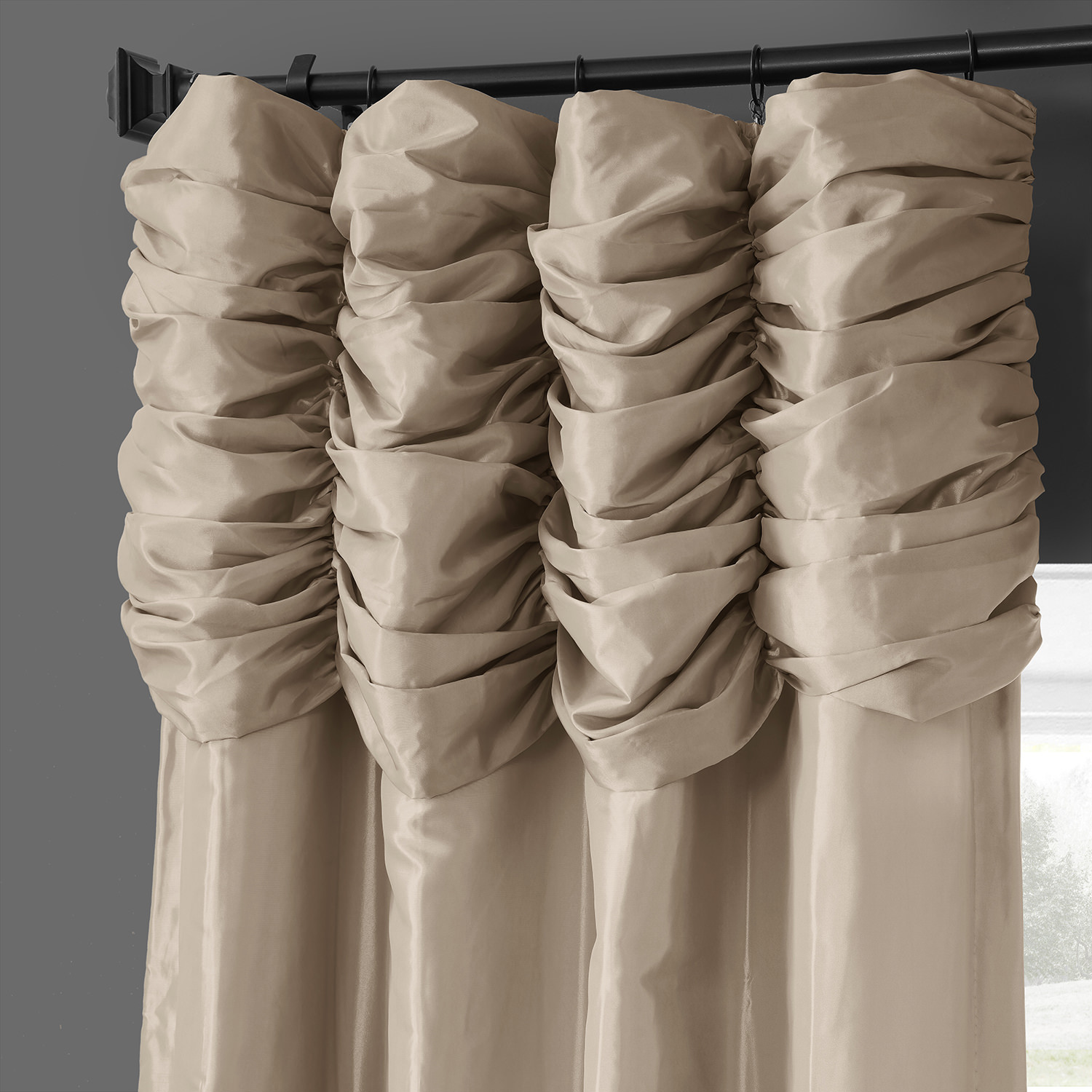 Antique Beige Ruched Faux Solid Taffeta Curtain