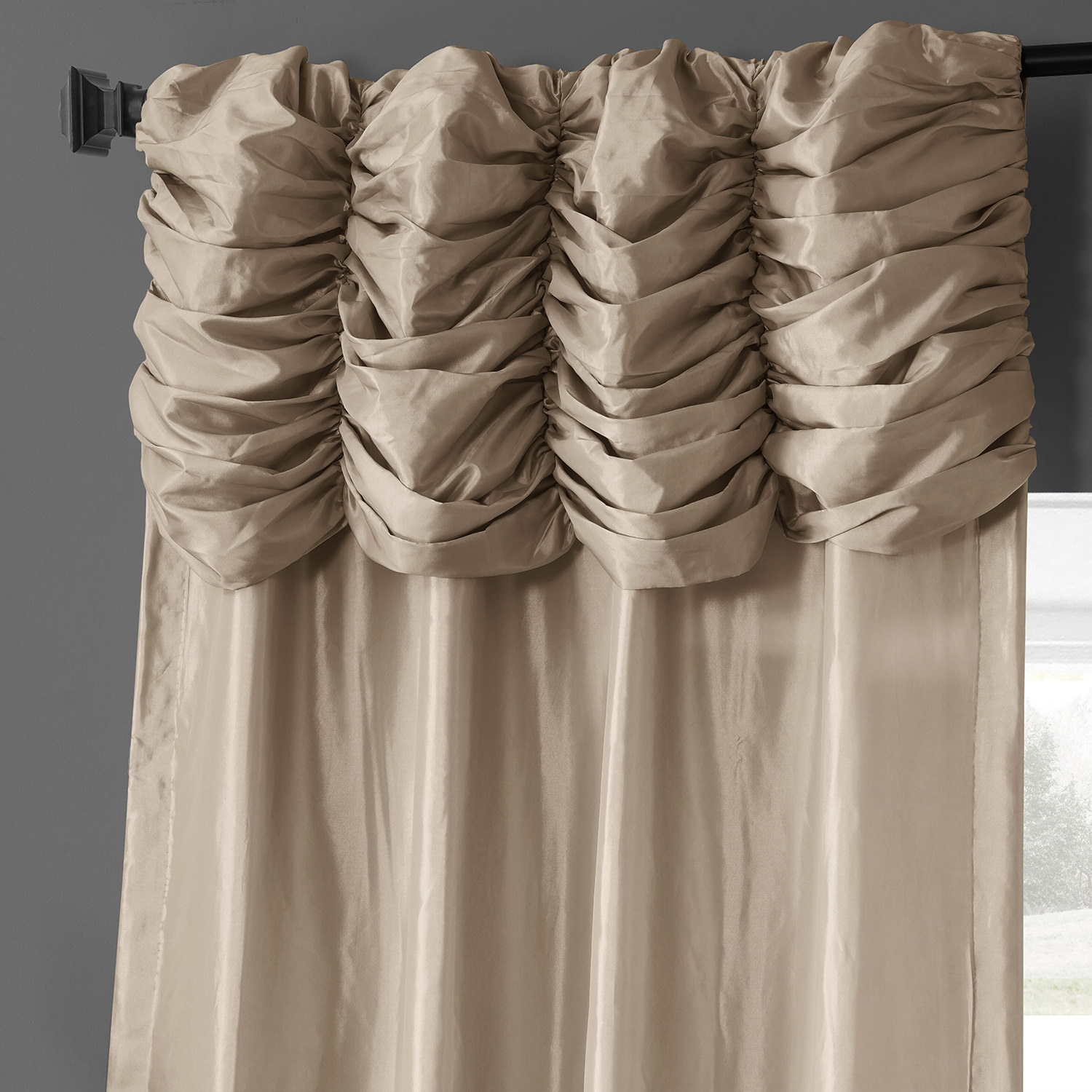 Antique Beige Ruched Faux Solid Taffeta Curtain