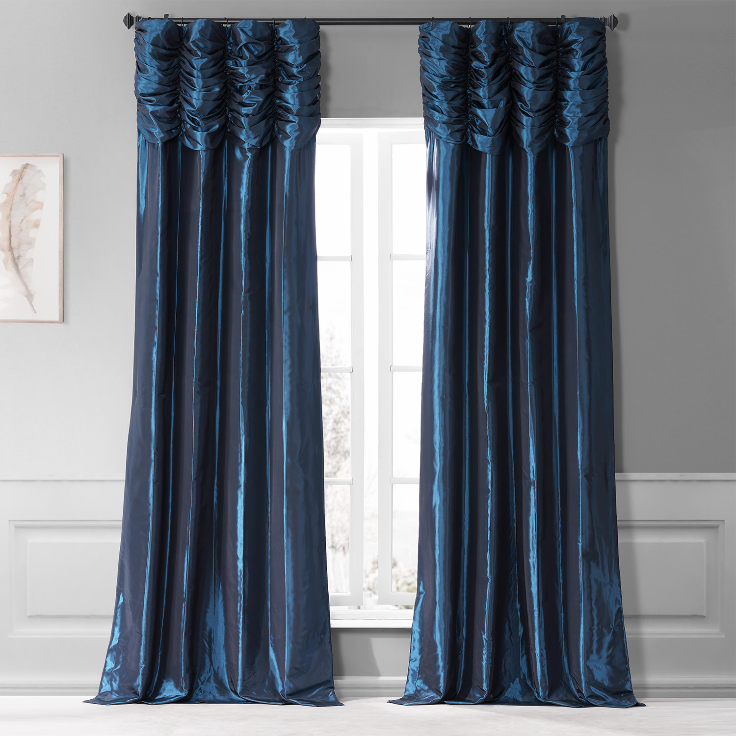 Navy Ruched Faux Solid Taffeta Curtain