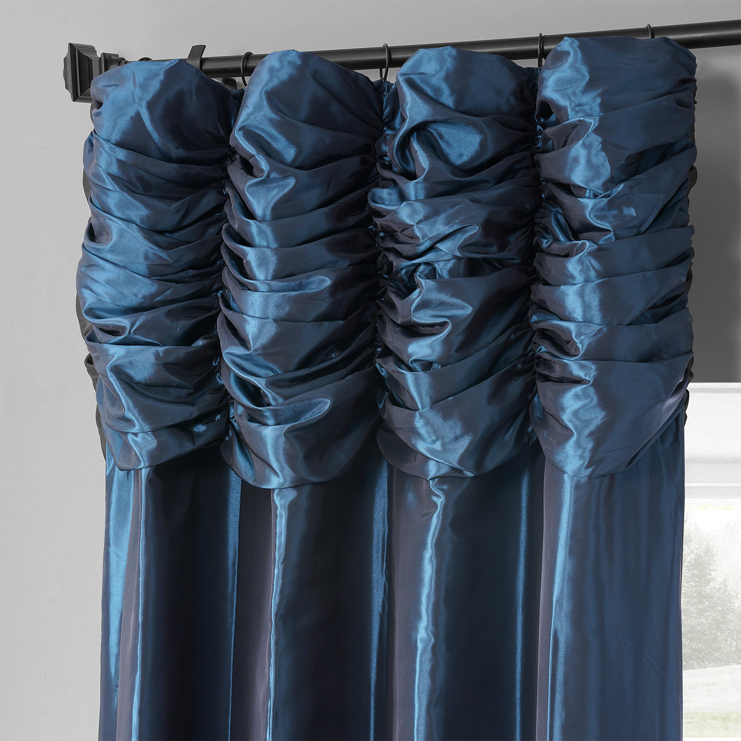 Navy Ruched Faux Solid Taffeta Curtain