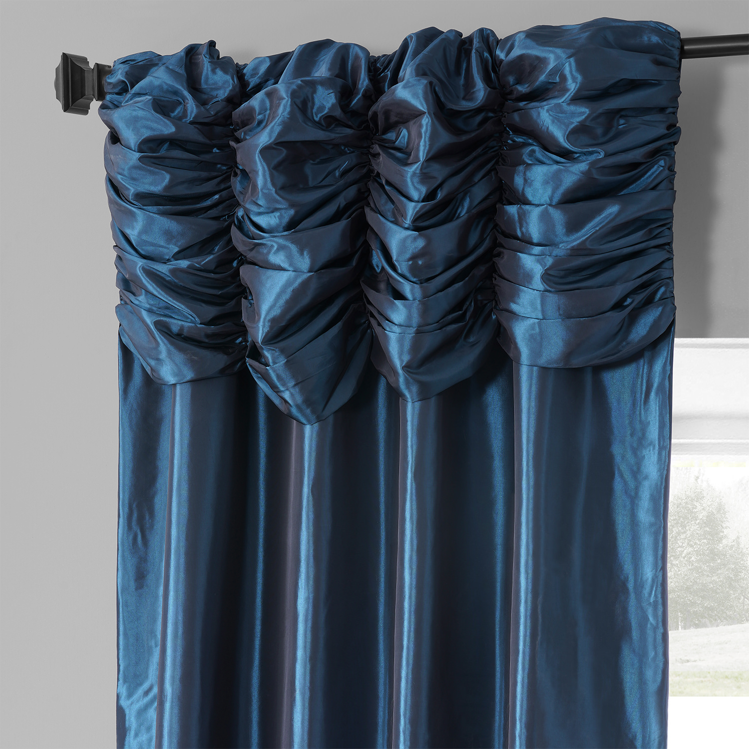 Navy Ruched Faux Solid Taffeta Curtain