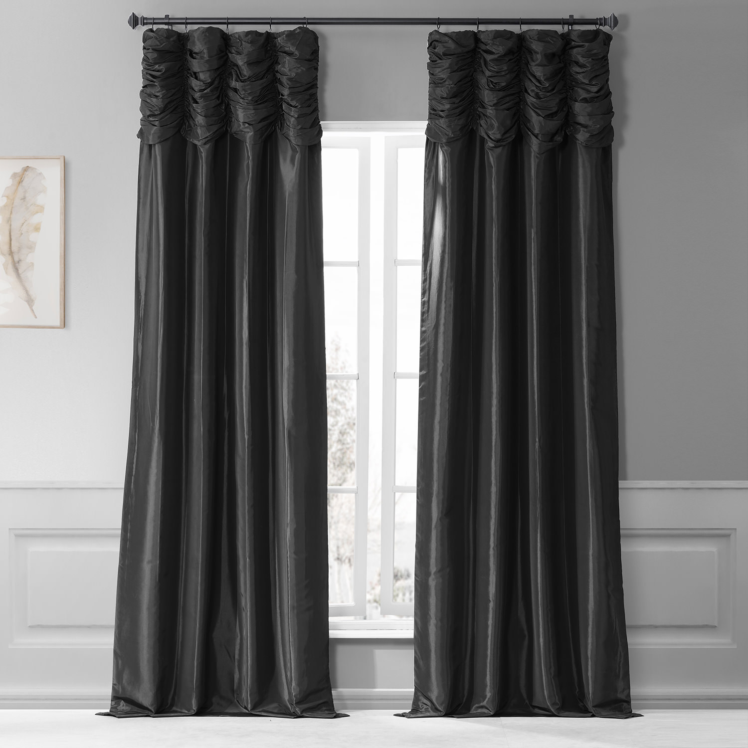 Jet Black Ruched Faux Solid Taffeta Curtain