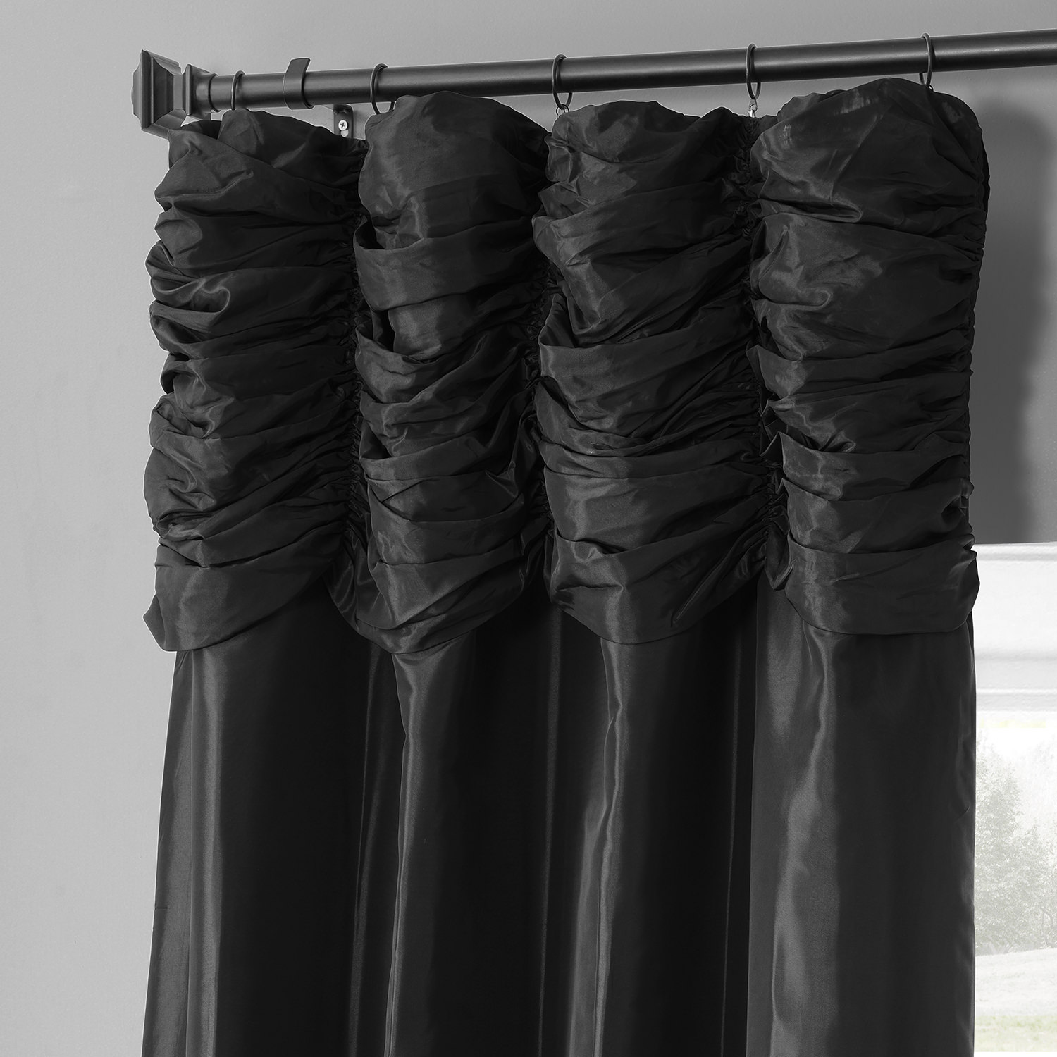 Jet Black Ruched Faux Solid Taffeta Curtain