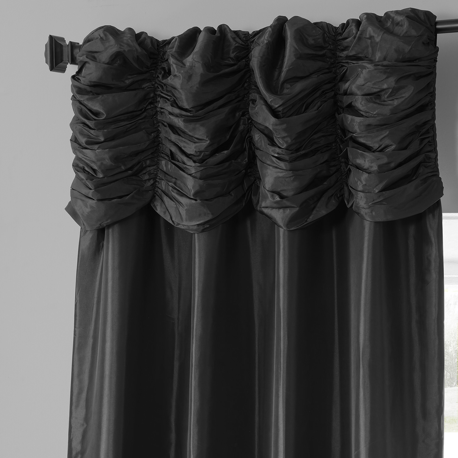 Jet Black Ruched Faux Solid Taffeta Curtain