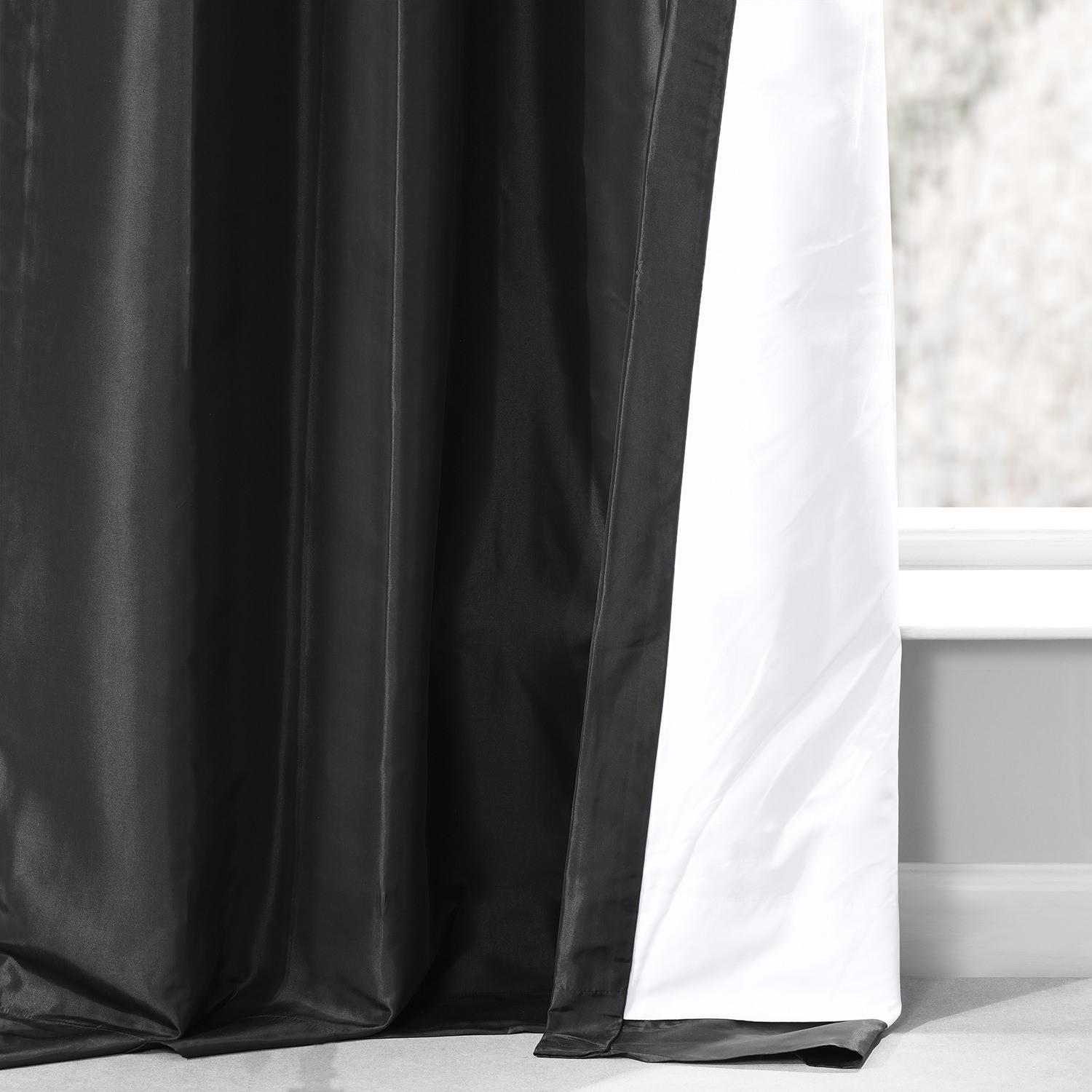 Jet Black Ruched Faux Solid Taffeta Curtain