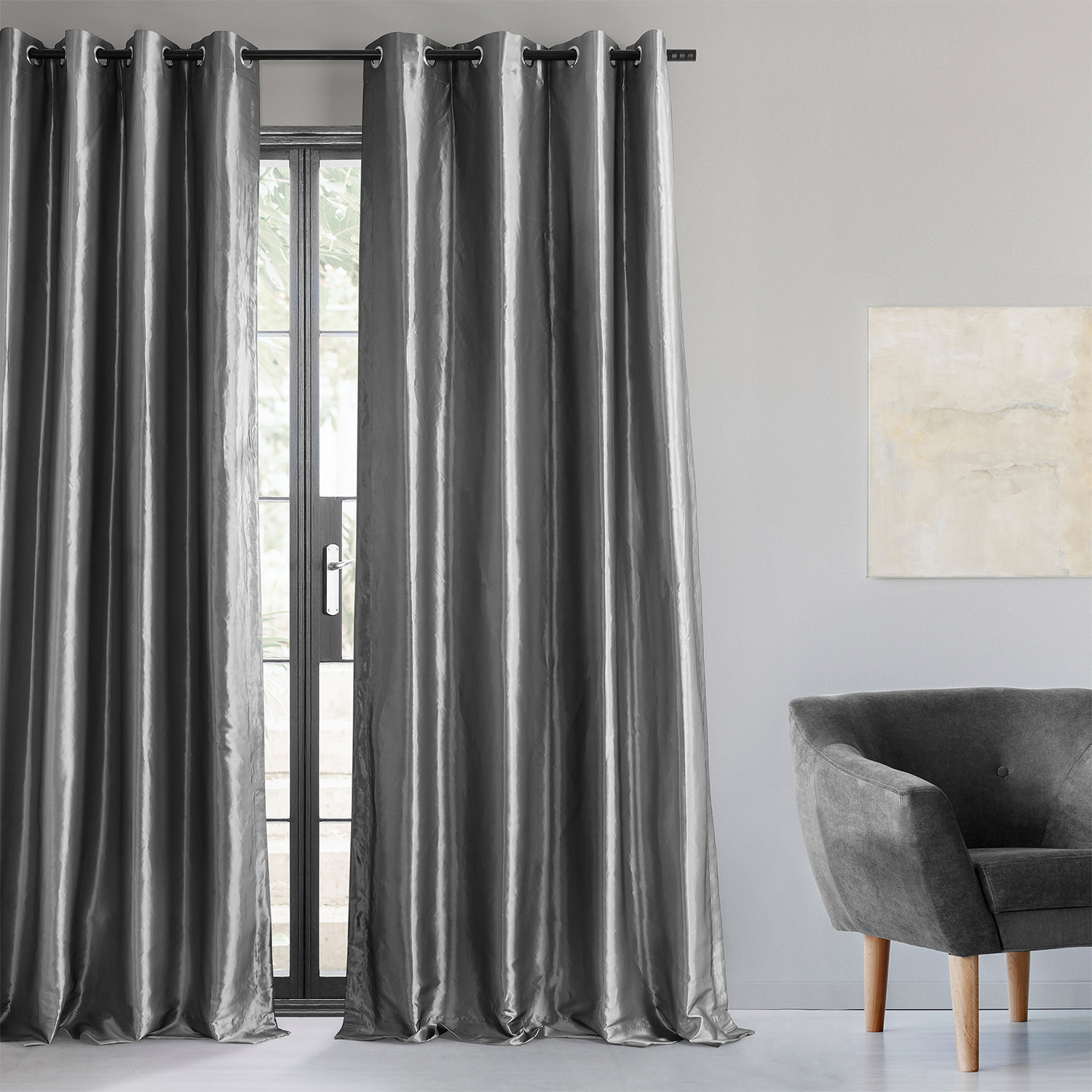 Graphite Grommet Blackout Faux Silk Taffeta Curtain