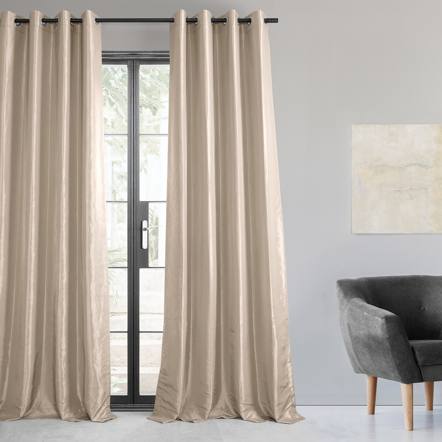 Antique Beige Grommet Blackout Faux Silk Taffeta Curtain