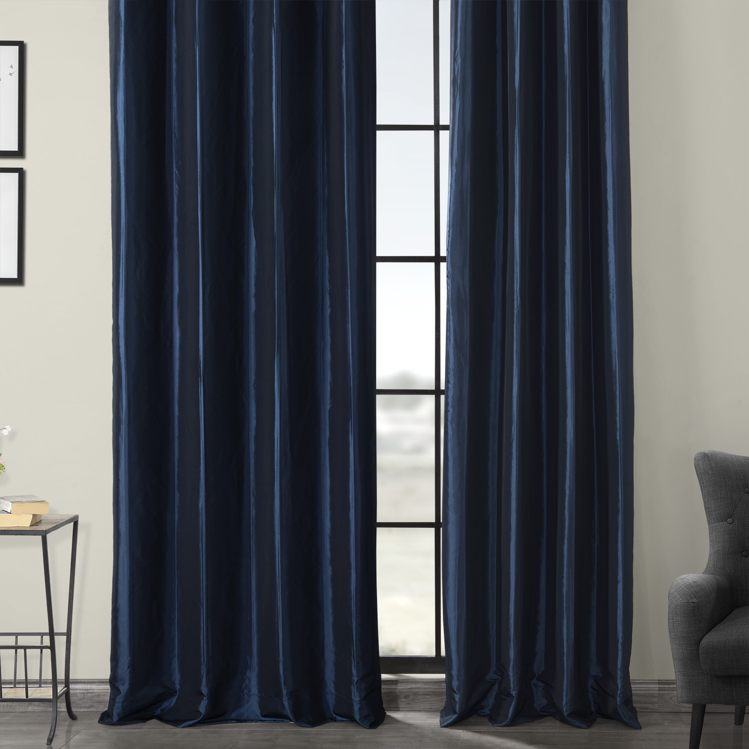 Navy Blue Grommet Blackout Faux Silk Taffeta Curtain