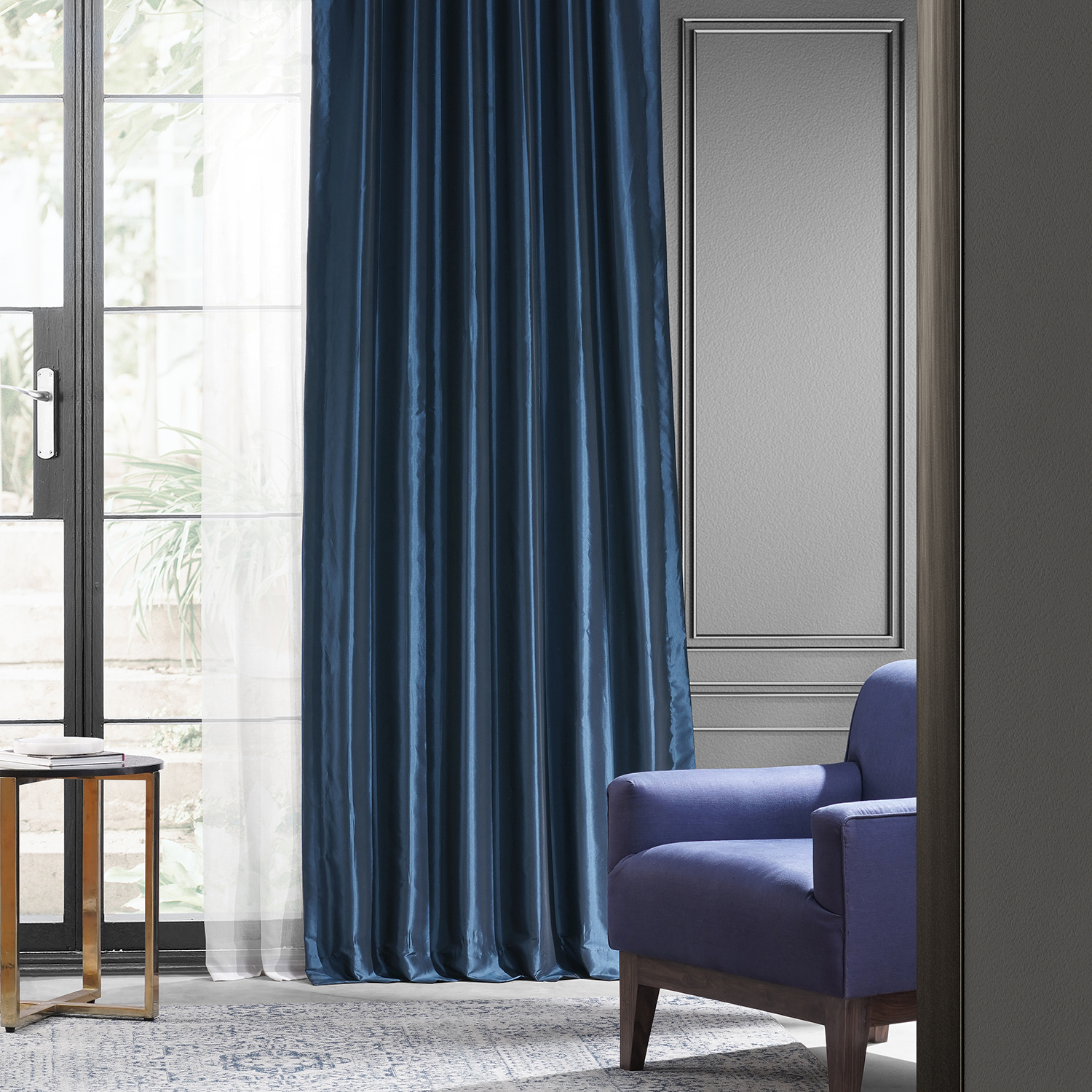 Navy Blue Blackout Faux Silk Taffeta Curtain