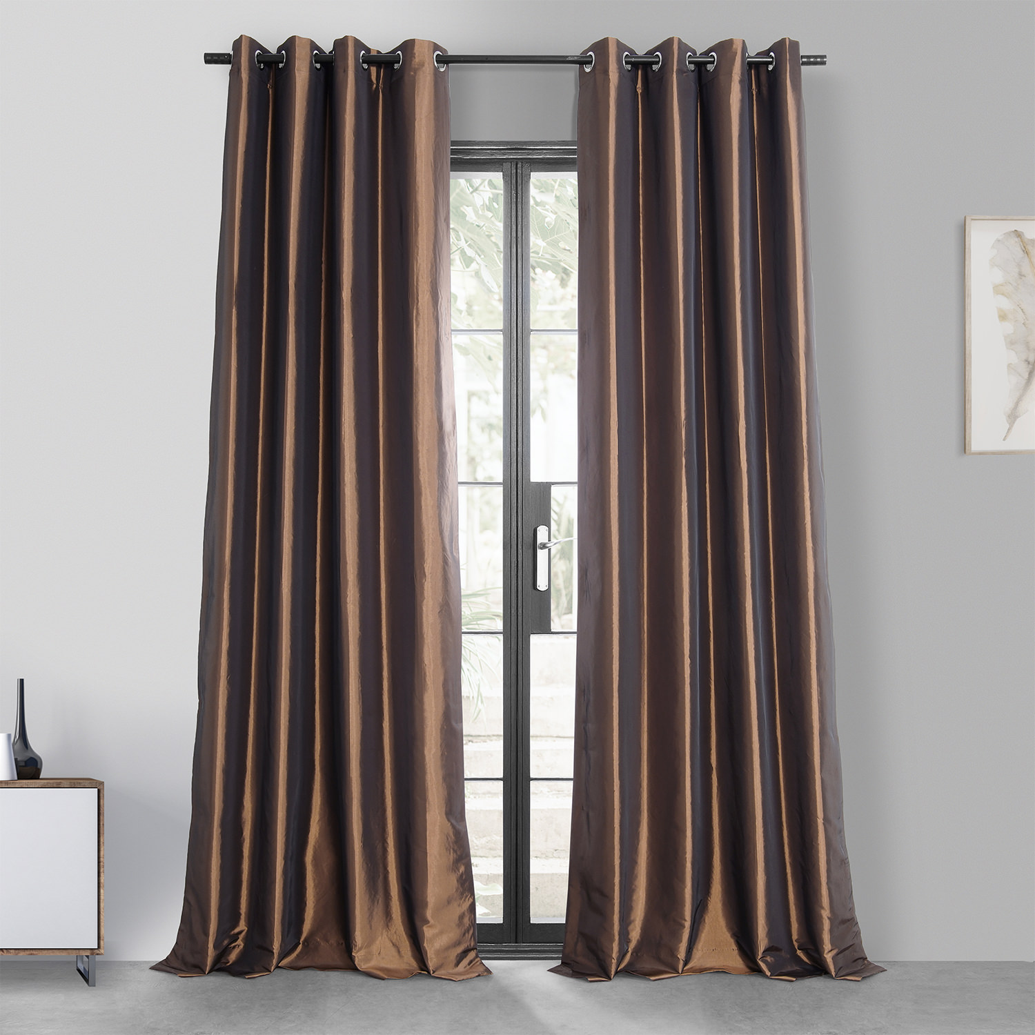 Copper Brown Grommet Blackout Faux Silk Taffeta Curtain