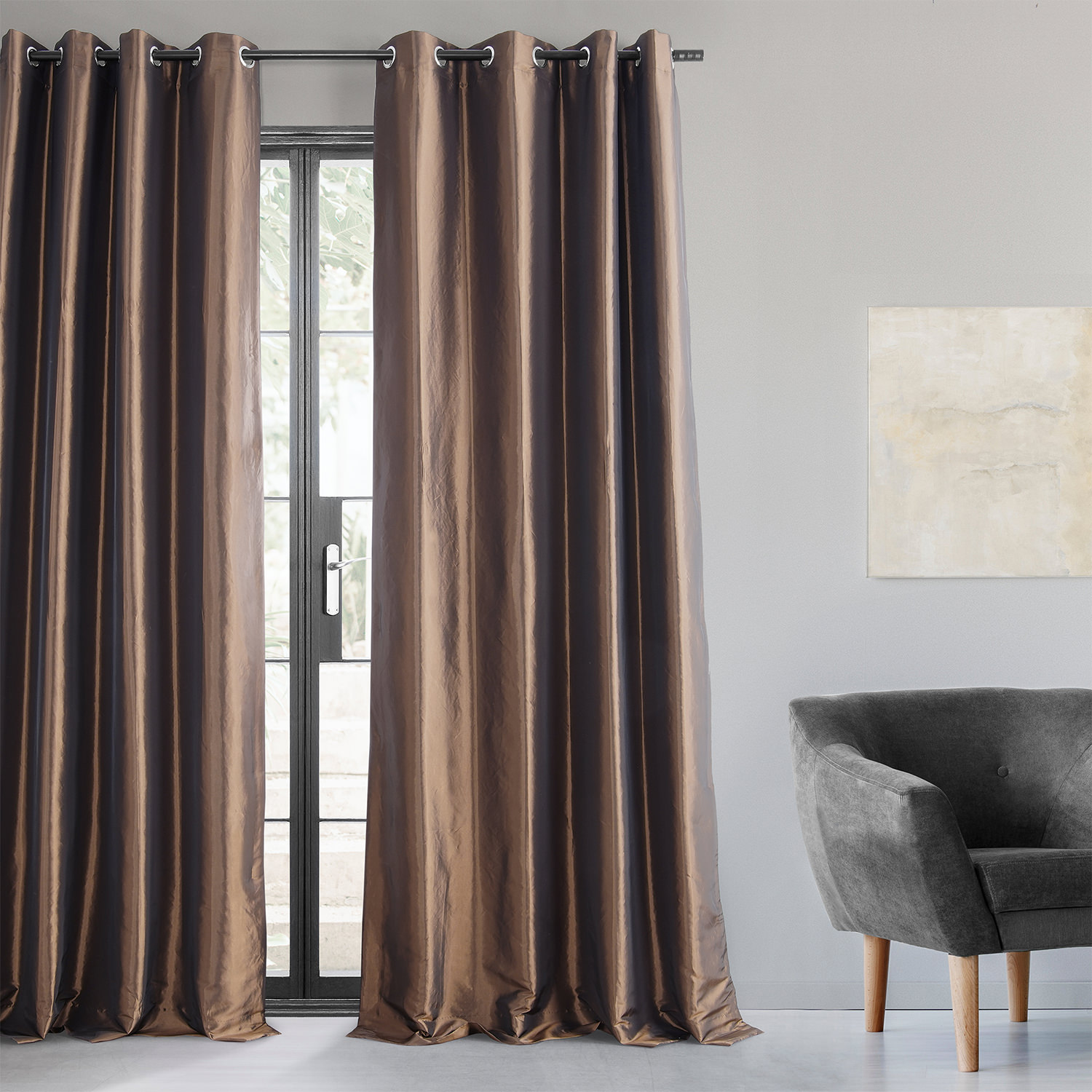 Copper Brown Grommet Blackout Faux Silk Taffeta Curtain