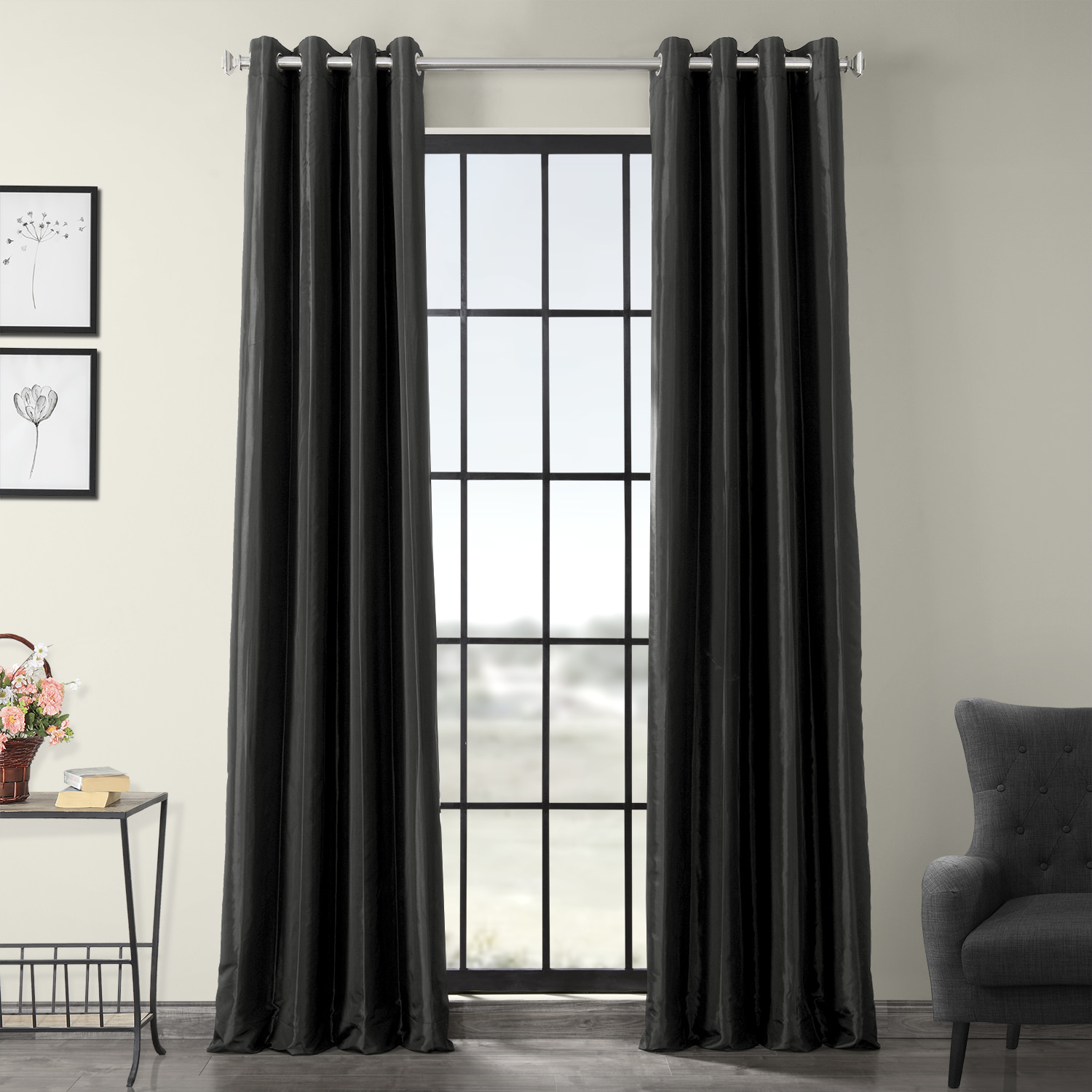 Black Grommet Blackout Faux Silk Taffeta Curtain