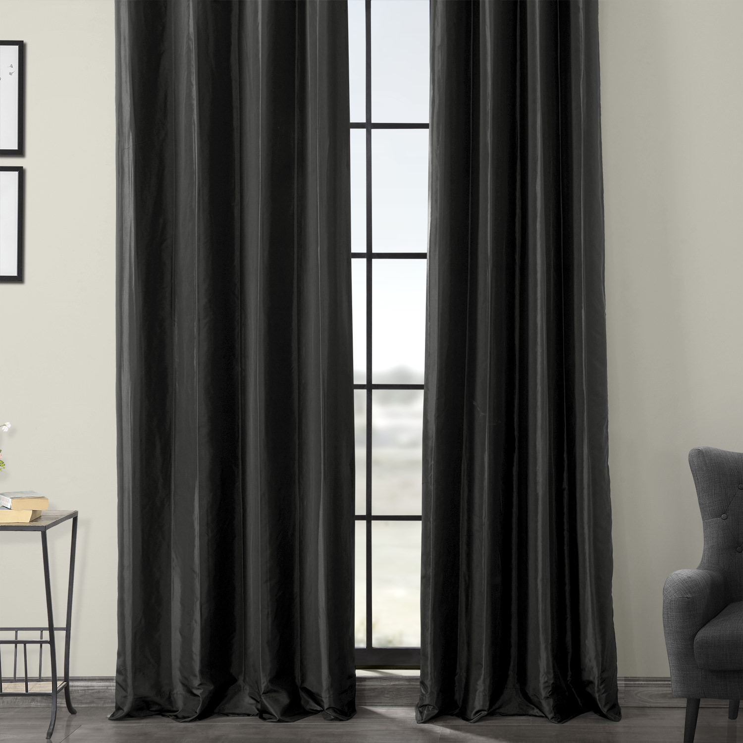 Black Grommet Blackout Faux Silk Taffeta Curtain