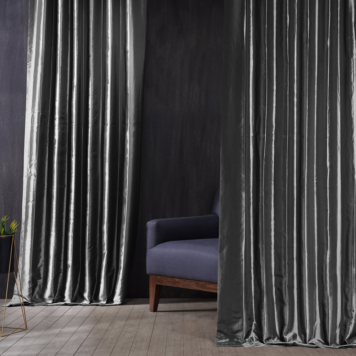 Signature Tablet Grey Faux Silk Taffeta Hotel Blackout Curtain