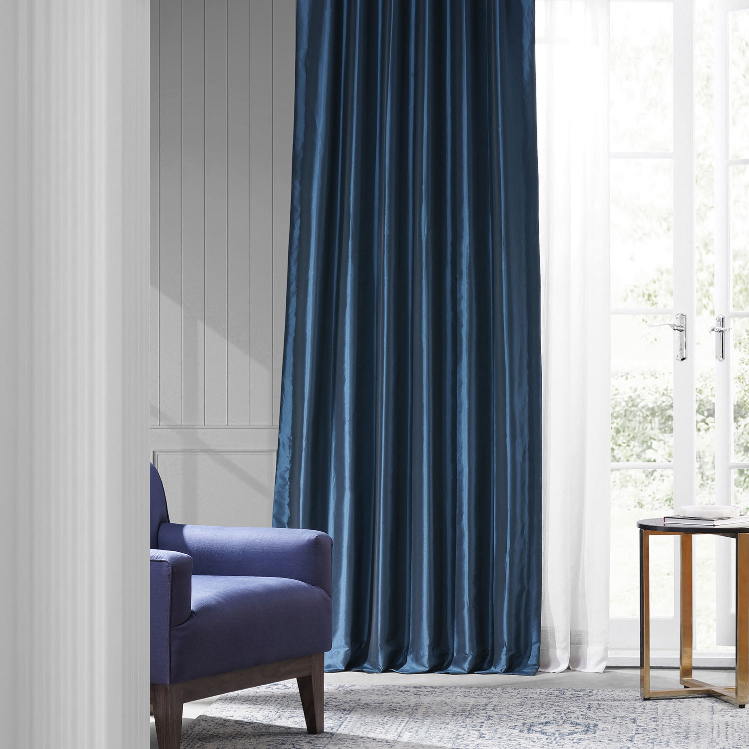 Navy Blue Faux Silk Taffeta Curtain