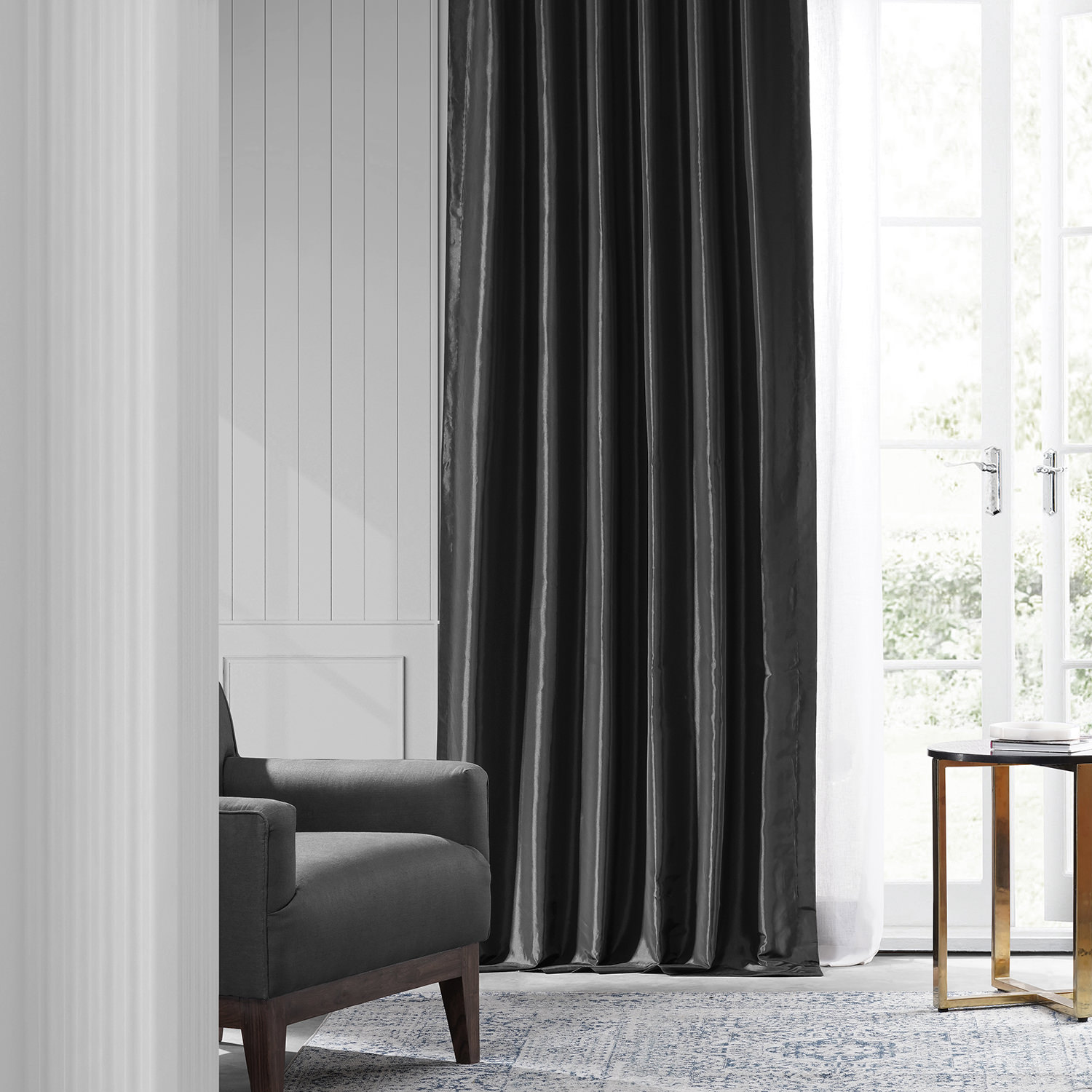 Jet Black Faux Silk Taffeta Curtain