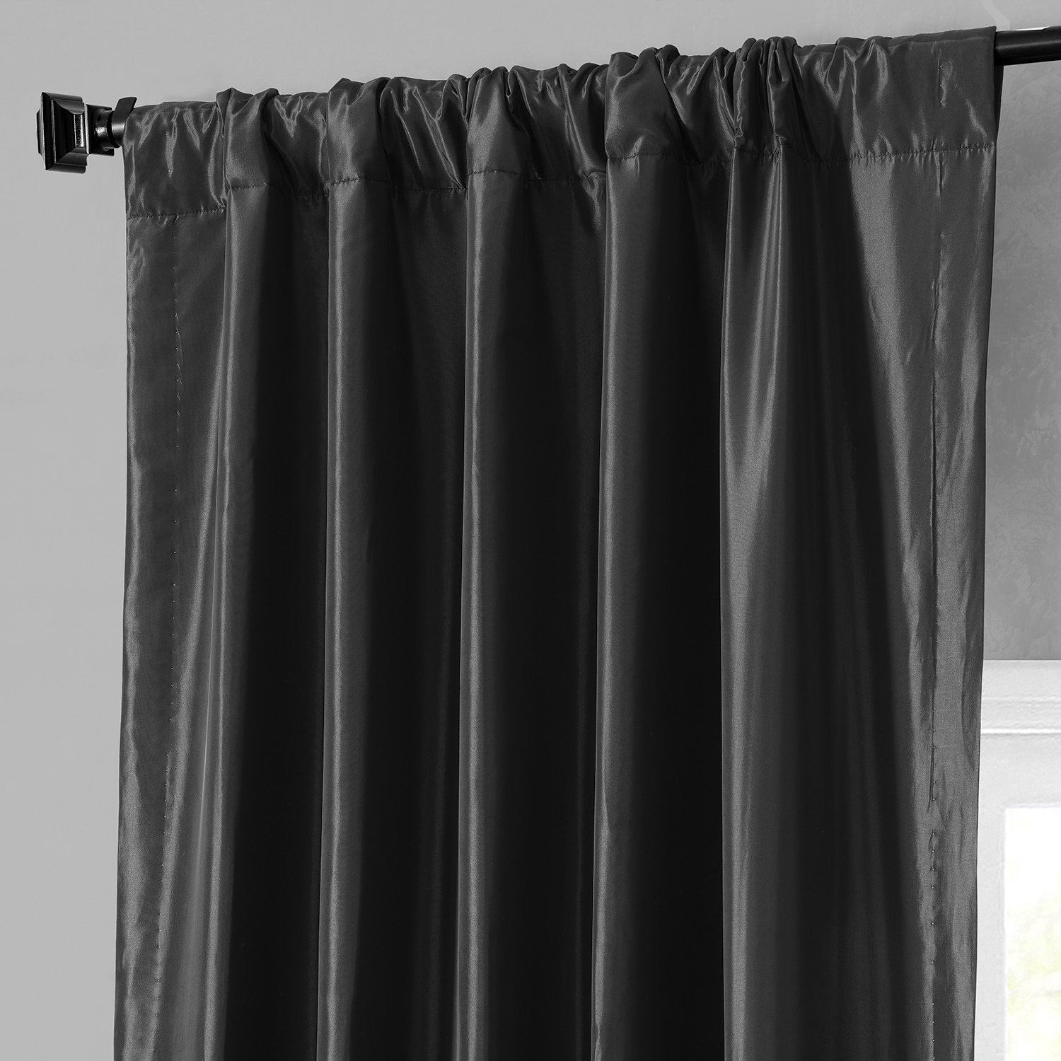 Jet Black Faux Silk Taffeta Curtain