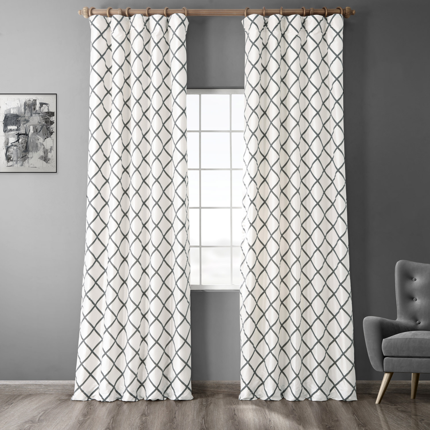 Pavillion White & Grey Designer Flocked Curtain