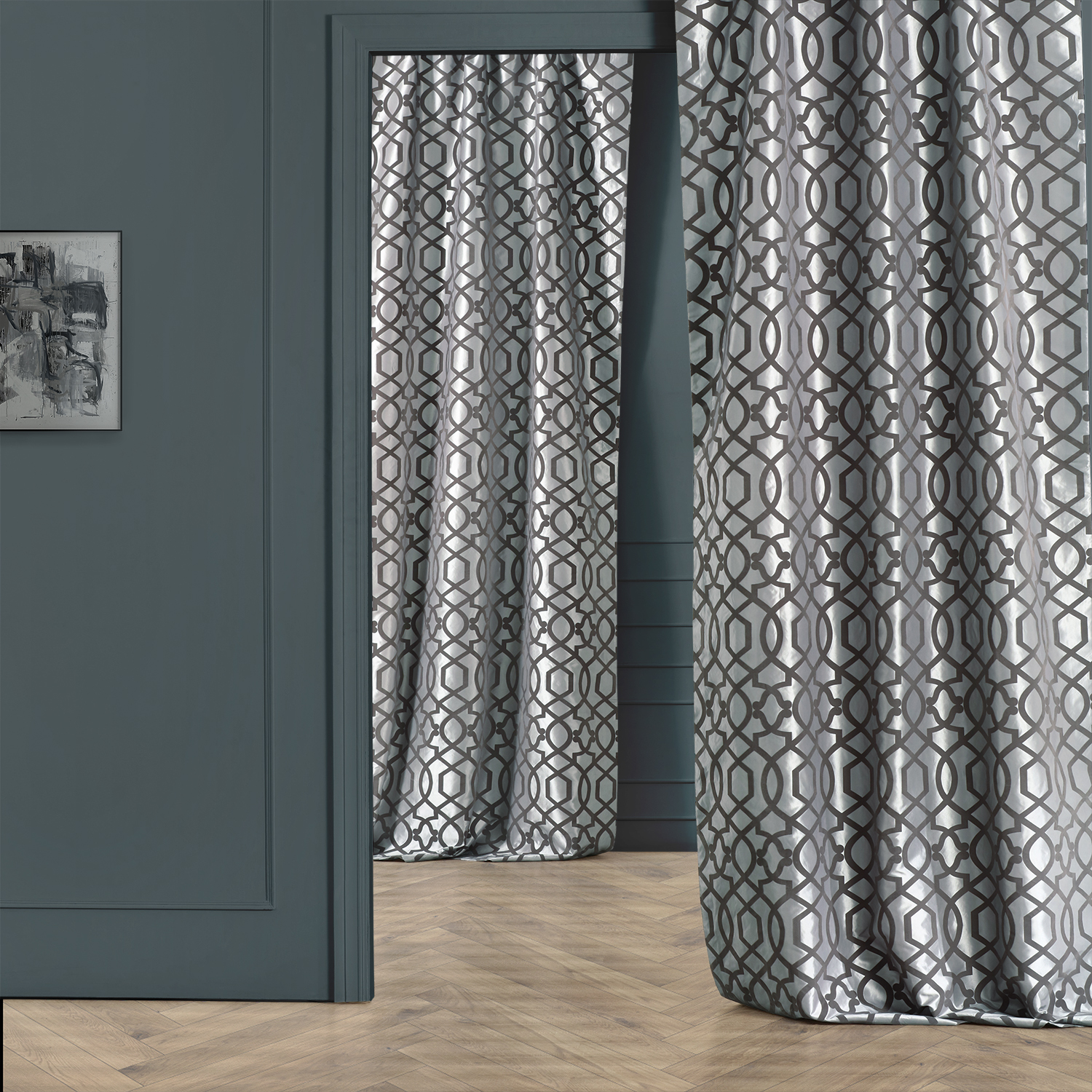 Filigree Grey &amp; Pewter Designer Flocked Curtain