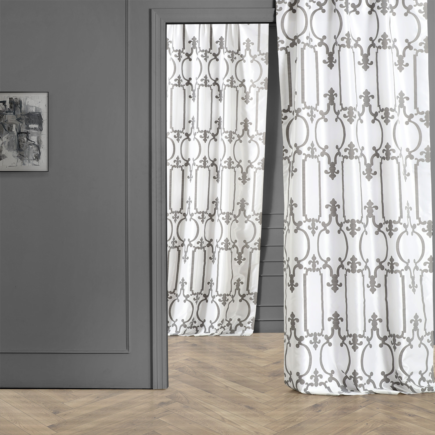 Royal Gate Off White &amp; Silver Designer Flocked Curtain