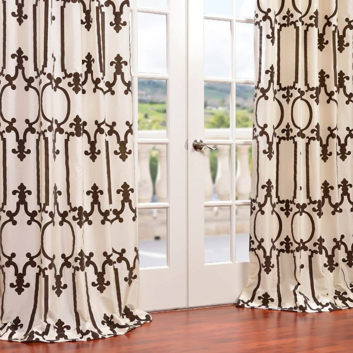 Royal Gate Off White &amp; Brown Designer Flocked Curtain