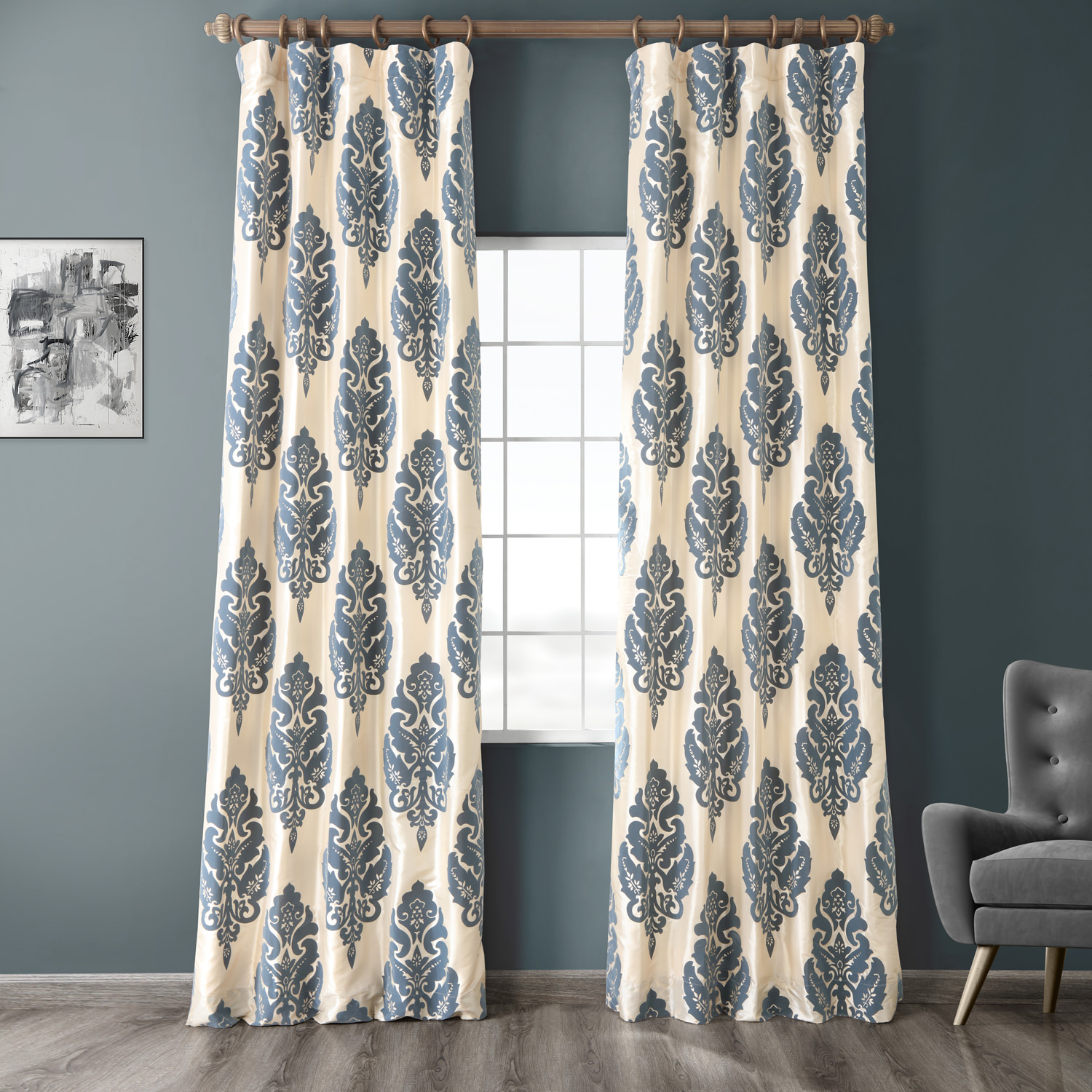 Francesca Grey & Blue Designer Flocked Curtain