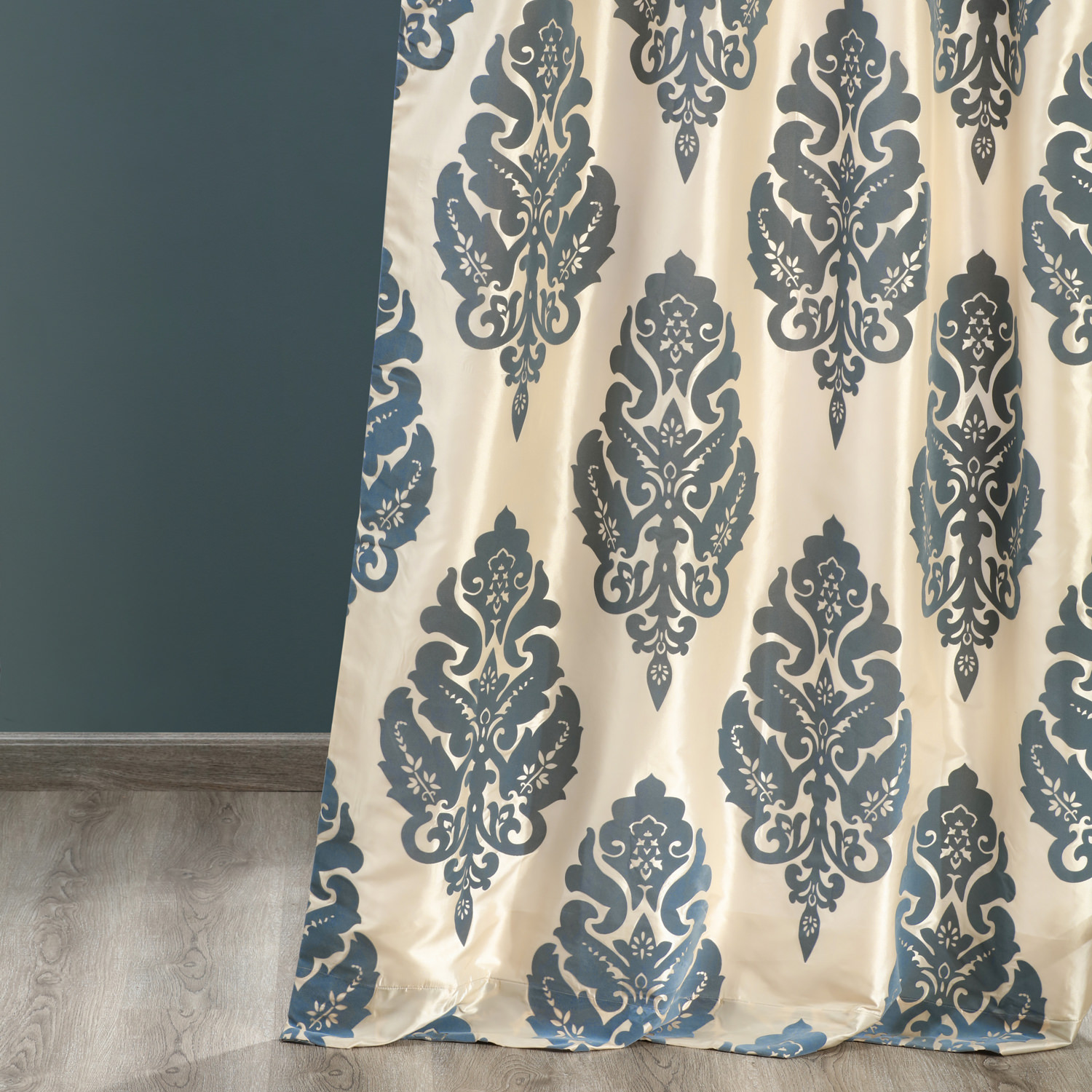 Francesca Grey & Blue Designer Flocked Curtain