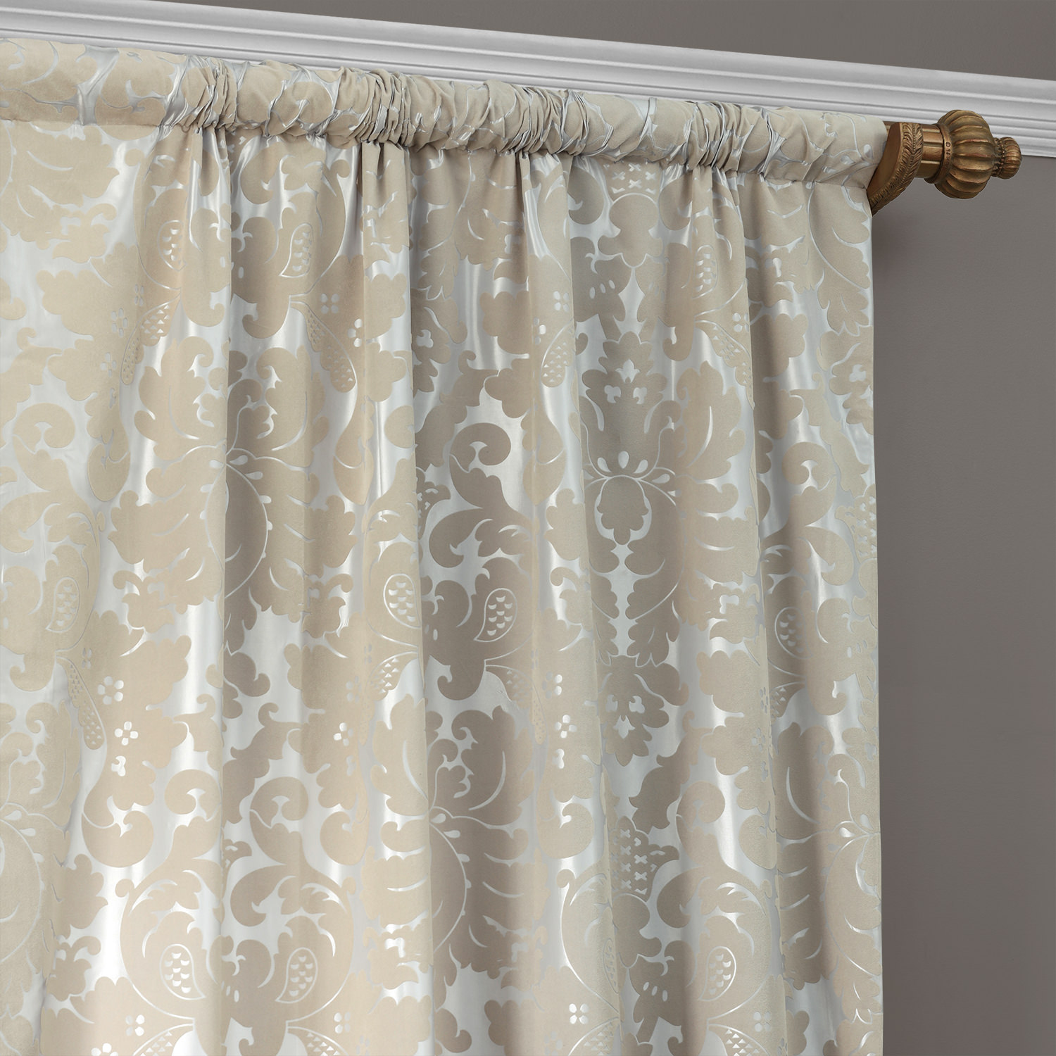 Gwendolyn Grey & Gold Designer Flocked Curtain