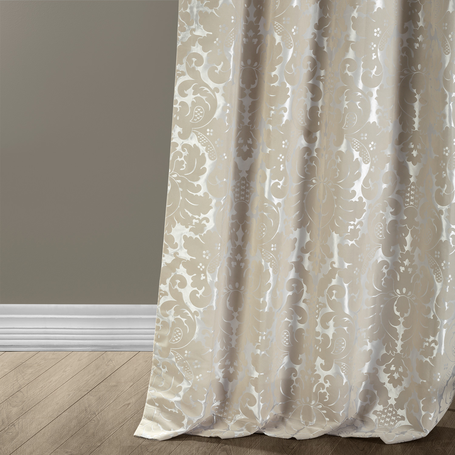 Gwendolyn Grey & Gold Designer Flocked Curtain