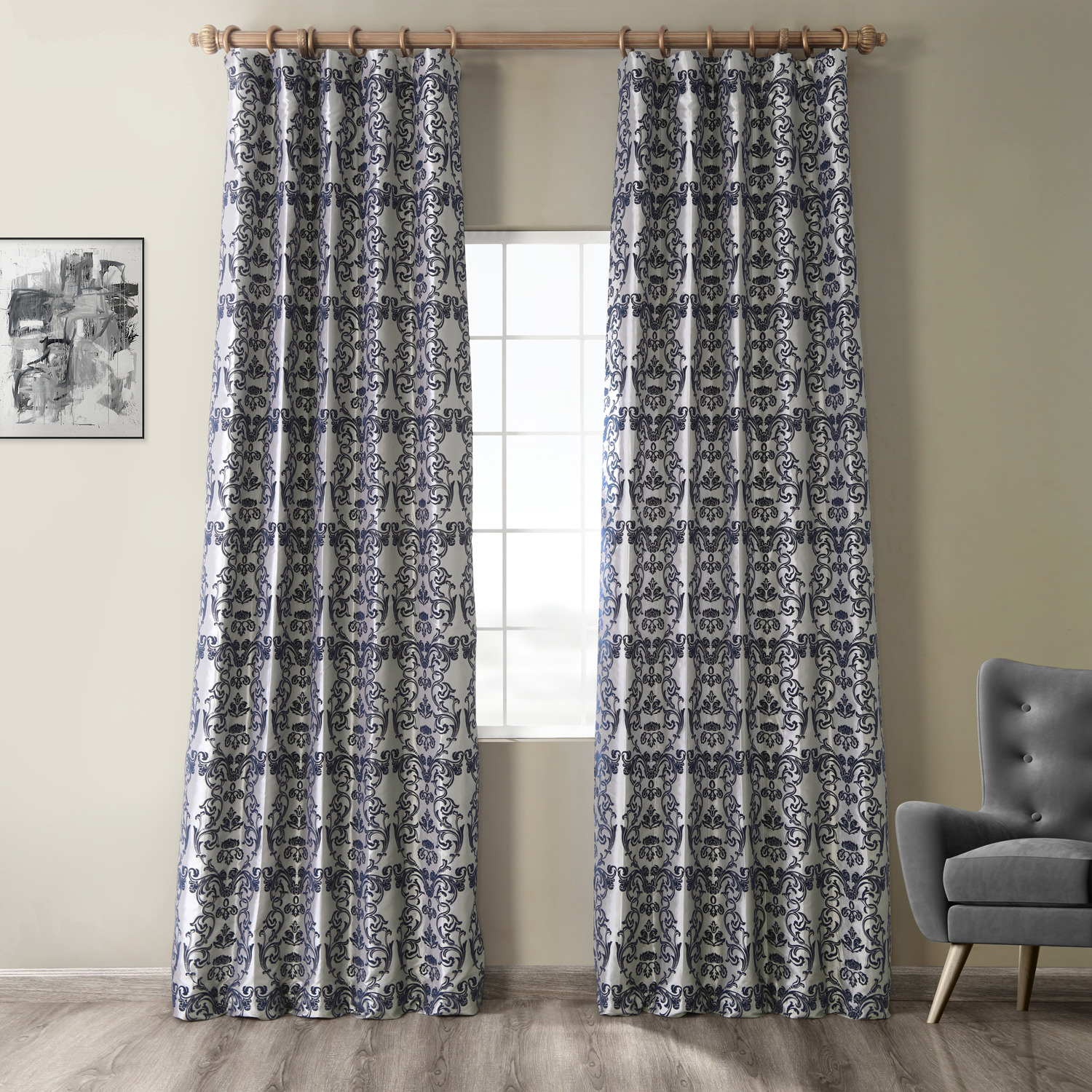 Firenze Grey & Blue Designer Flocked Curtain